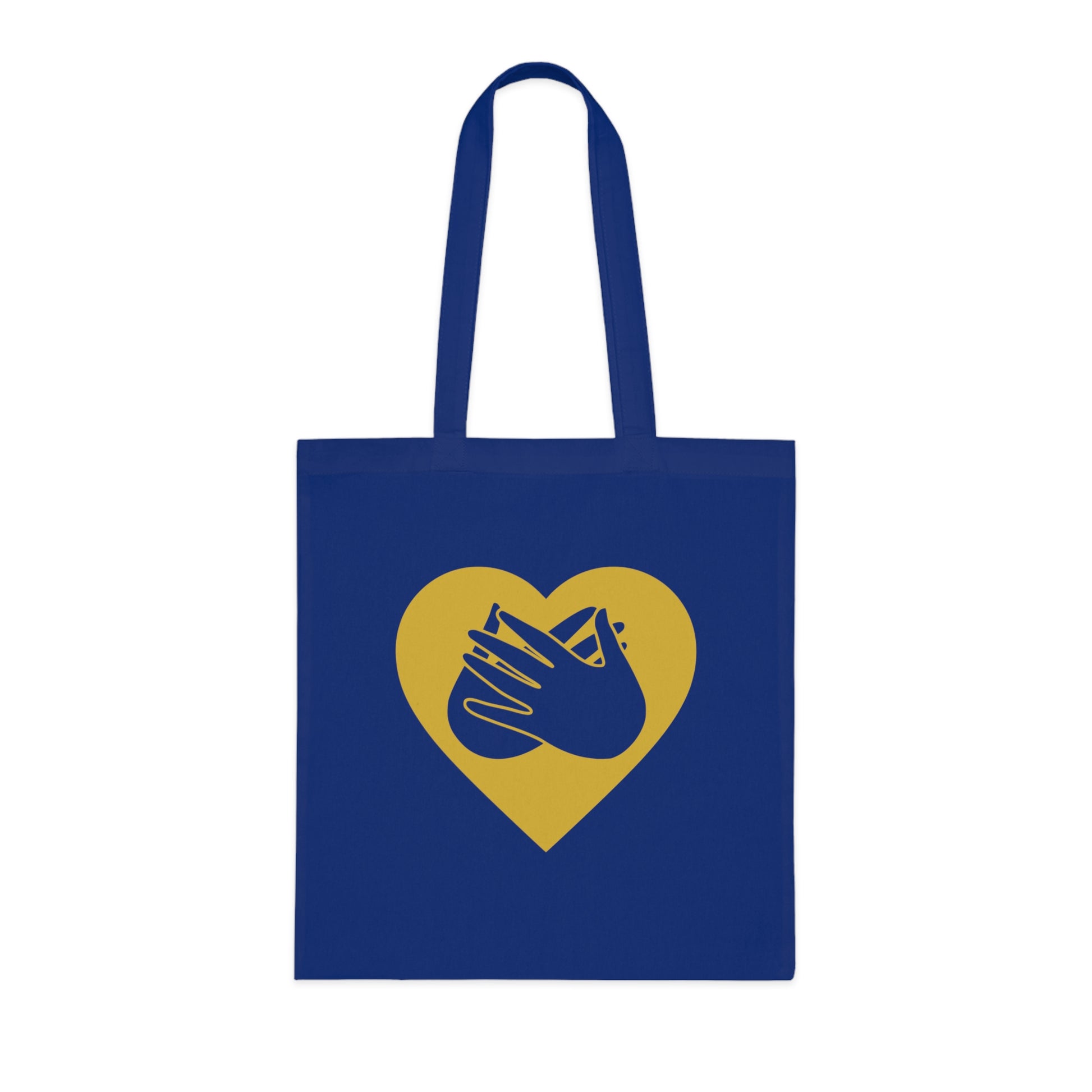 Royal blue Tote Bag showing a gold coloured heart and the iconic BSL Love sign embedded in it