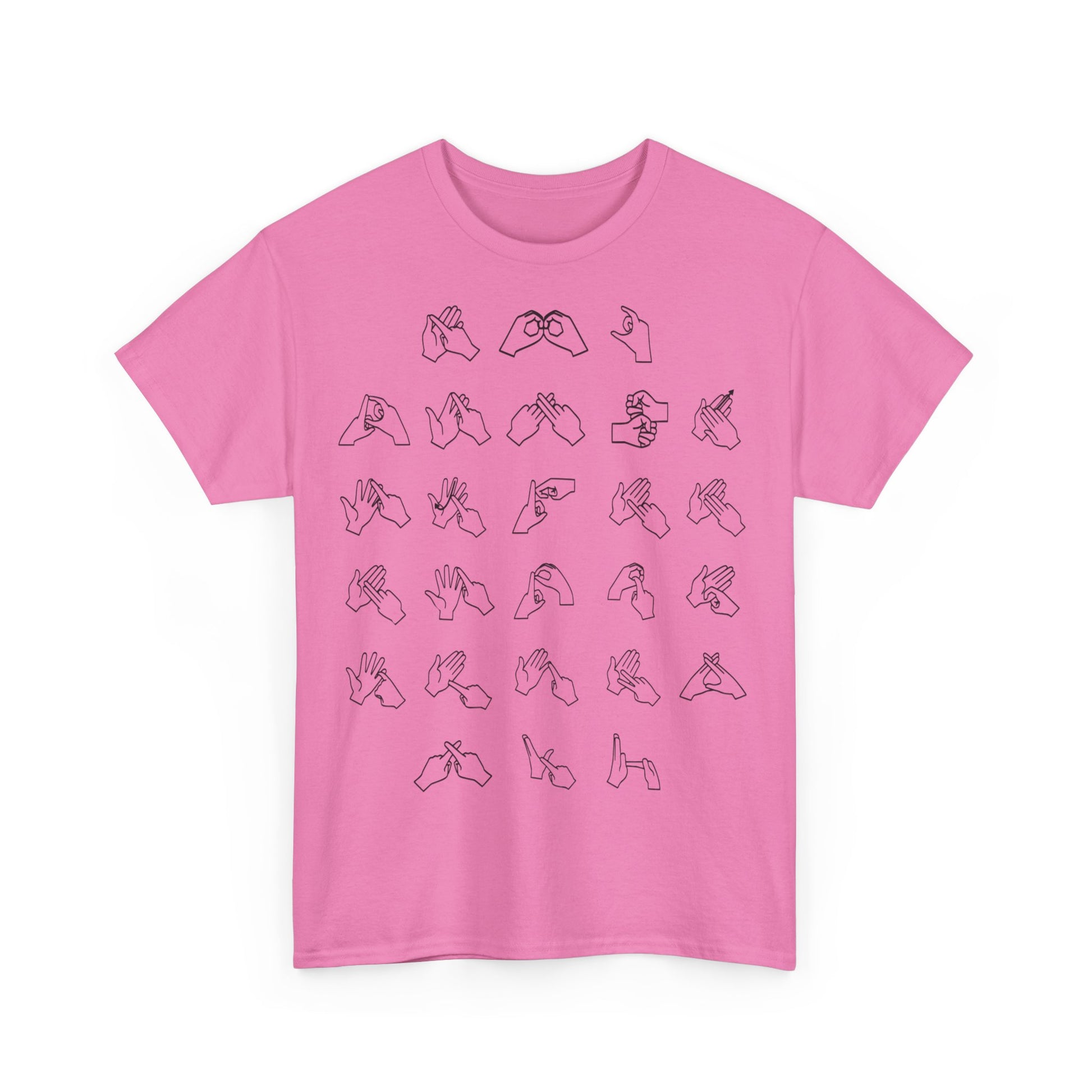 Front view of a azalea t-shirt with BSL Alphabet - Black Fingerspelling