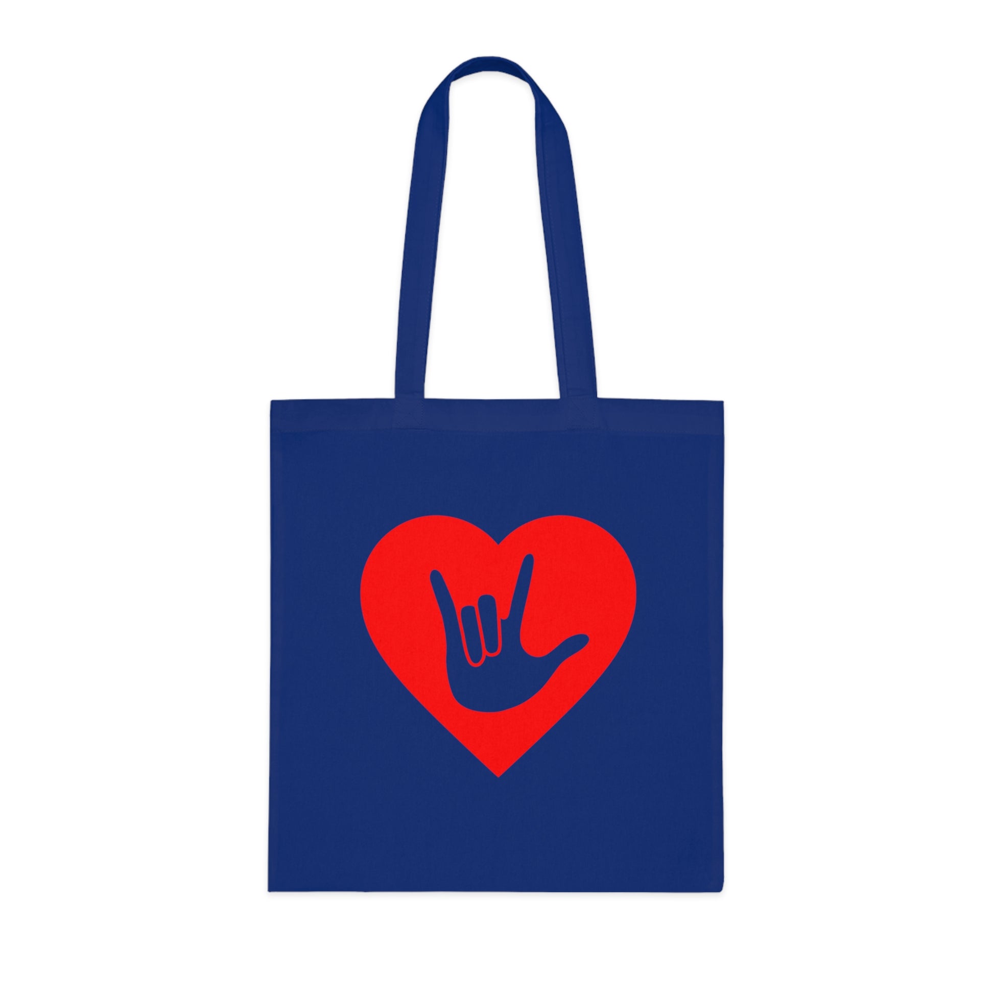 Royal blue Tote Bag showing a gold coloured heart with the iconic ASL I Love You sign embedded in it