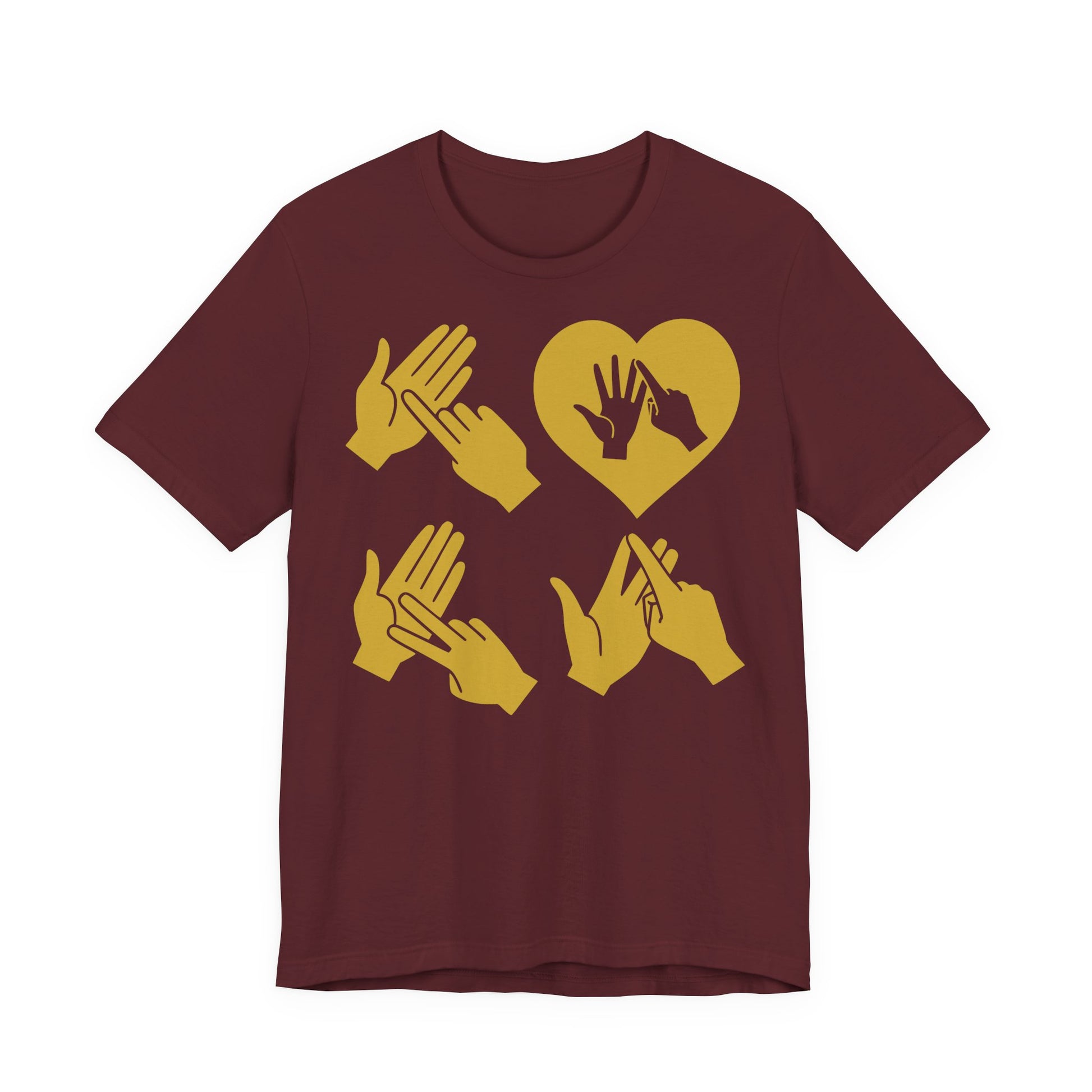 Front view of a maroon T-Shirt with the word Love in gold BSL Fingerspelling with the 'O' embedded in a heart shape
