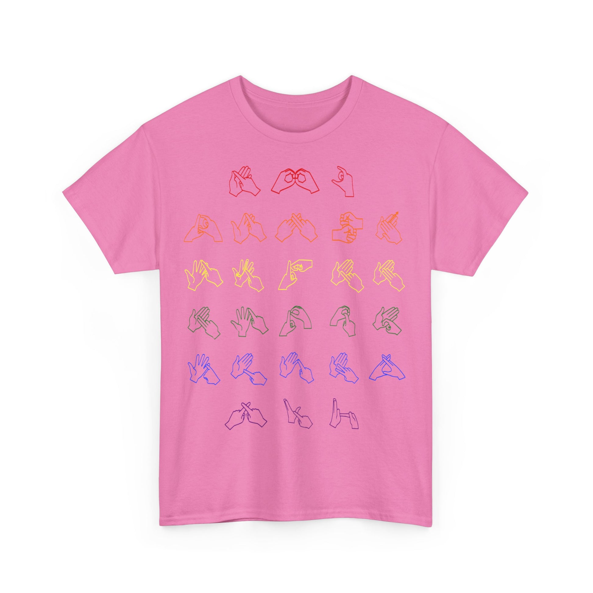 Front view of a azalea t-shirt with BSL Alphabet - Pride Fingerspelling