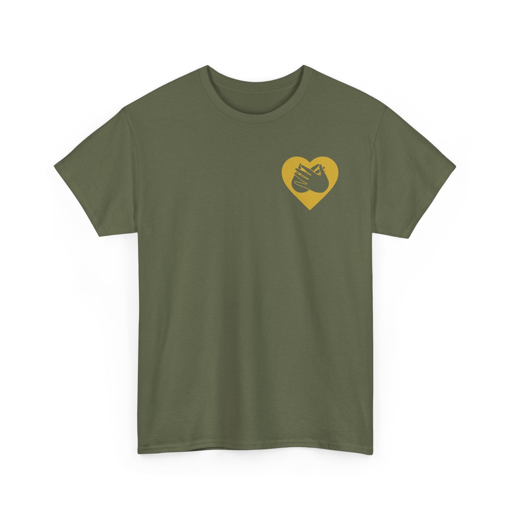 Front view of a military green T-Shirt showing a gold coloured heart and the iconic BSL Love sign embedded in it on the left side of the chest