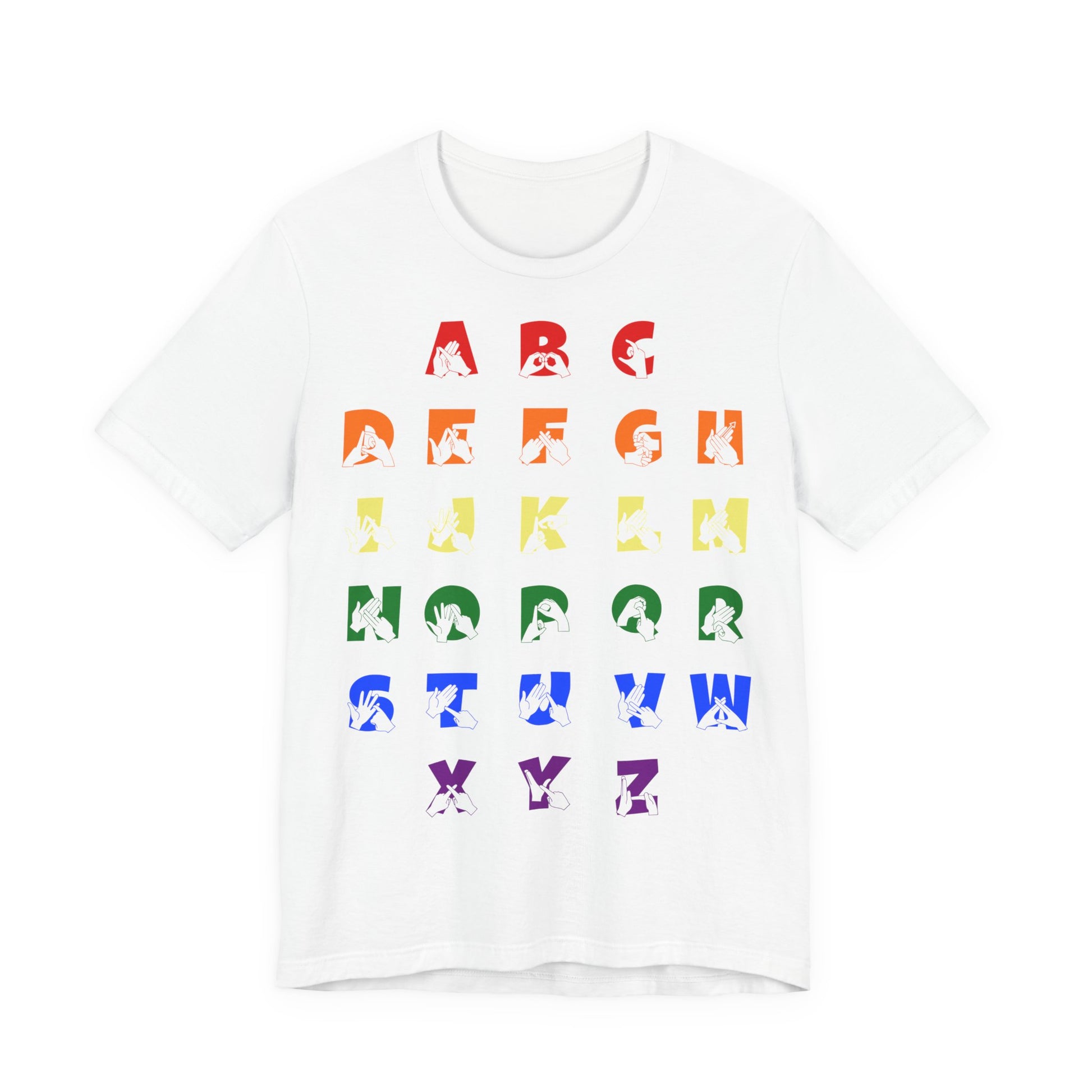 Front view of a white t-shirt with BSL Alphabet - Pride Fingerspelling & Text