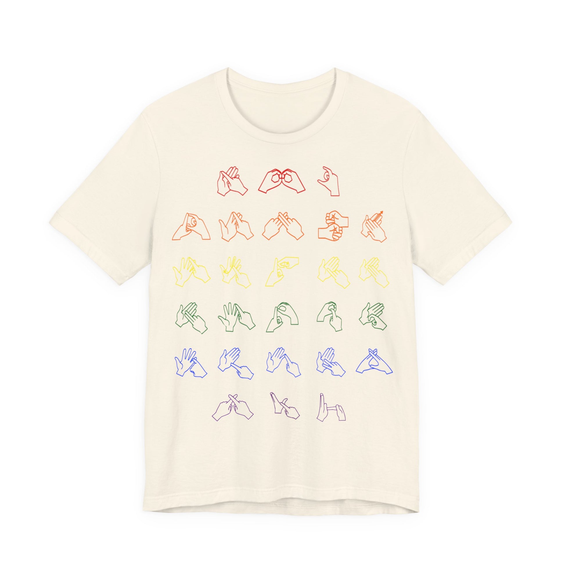 Front view of a natural t-shirt with BSL Alphabet - Pride Fingerspelling