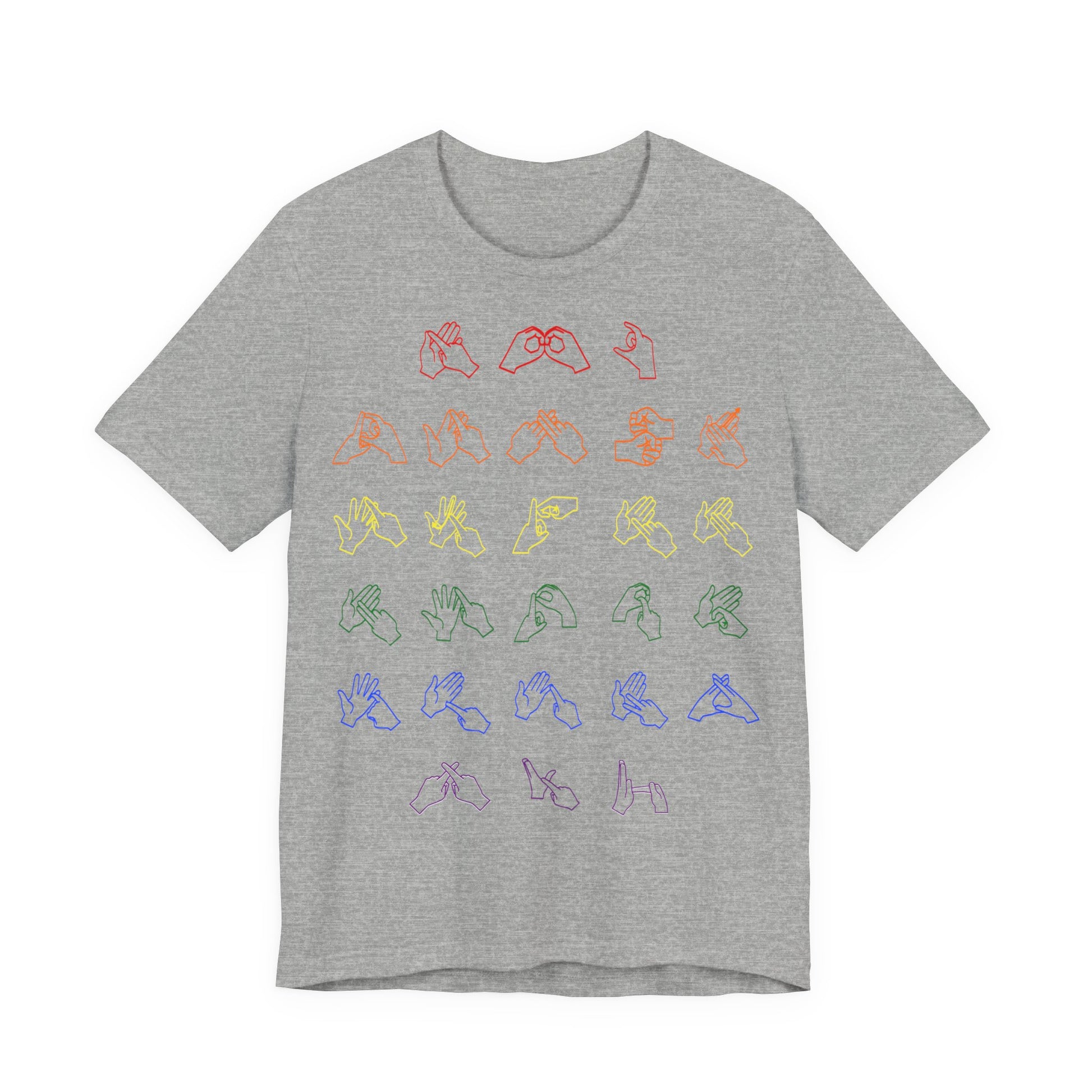 Front view of a athletic heather t-shirt with BSL Alphabet - Pride Fingerspelling