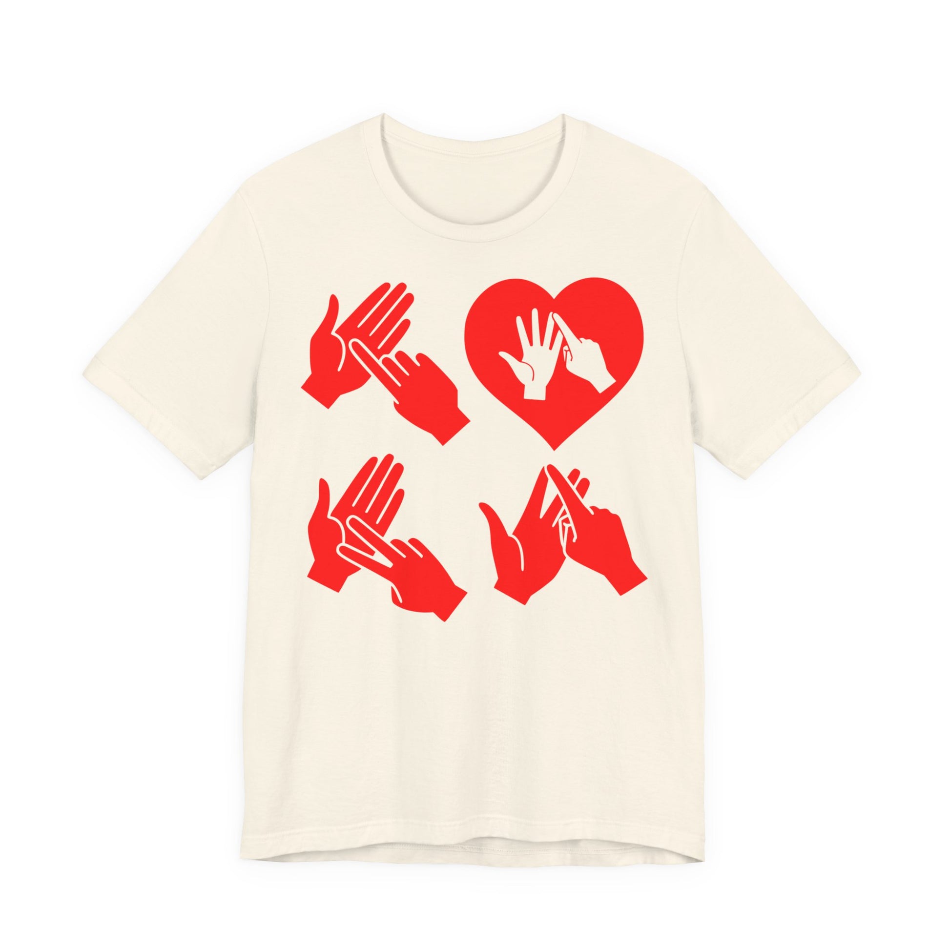 Front view of a natural T-Shirt with the word Love in red BSL Fingerspelling with the 'O' embedded in a heart shape