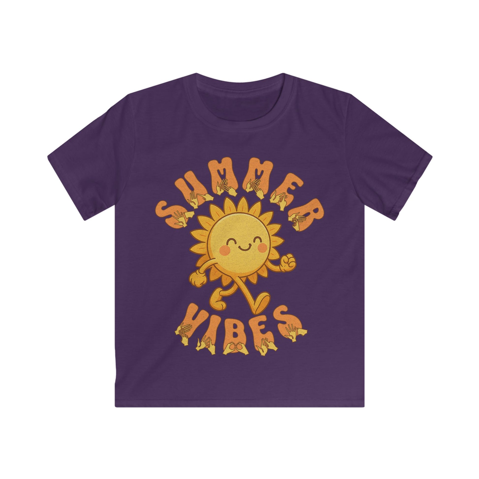 Purple kids’ t-shirt with a smiling cartoon sunshine and the phrase “summer vibes” in bold textured font, each letter showing British Sign Language fingerspelling underneath.