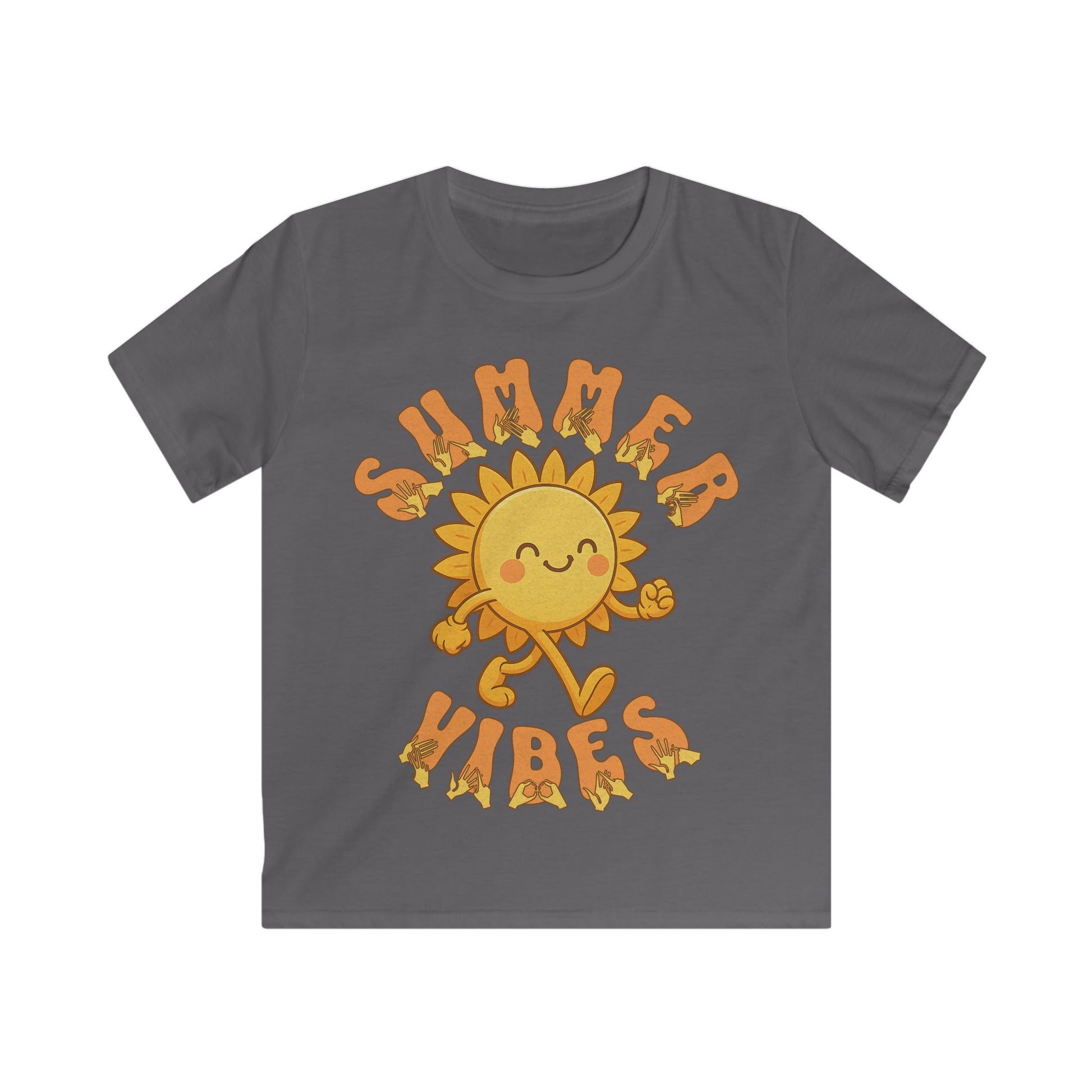 Charcoal kids’ t-shirt with a smiling cartoon sunshine and the phrase “summer vibes” in bold textured font, each letter showing British Sign Language fingerspelling underneath.
