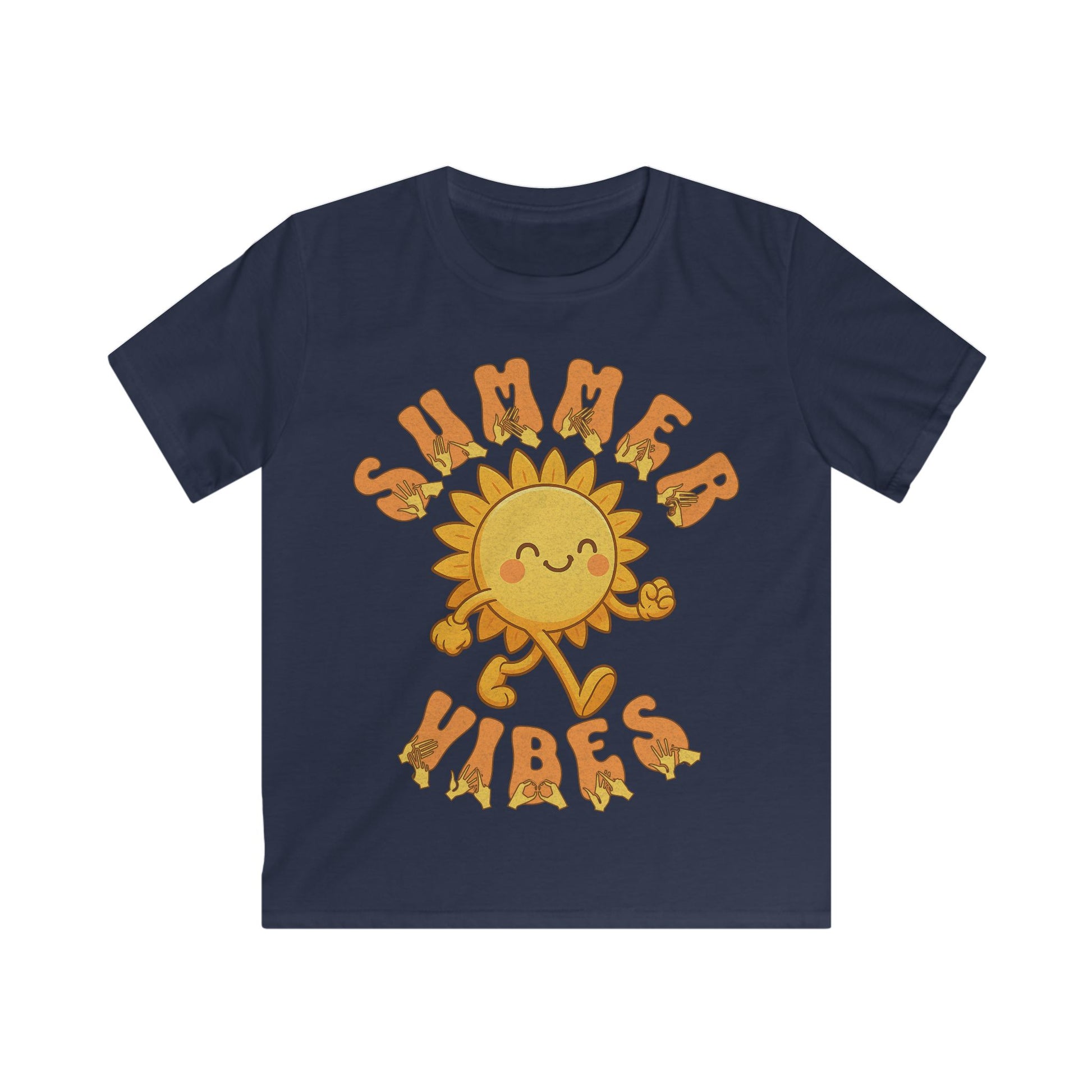 Navy kids’ t-shirt with a smiling cartoon sunshine and the phrase “summer vibes” in bold textured font, each letter showing British Sign Language fingerspelling underneath.