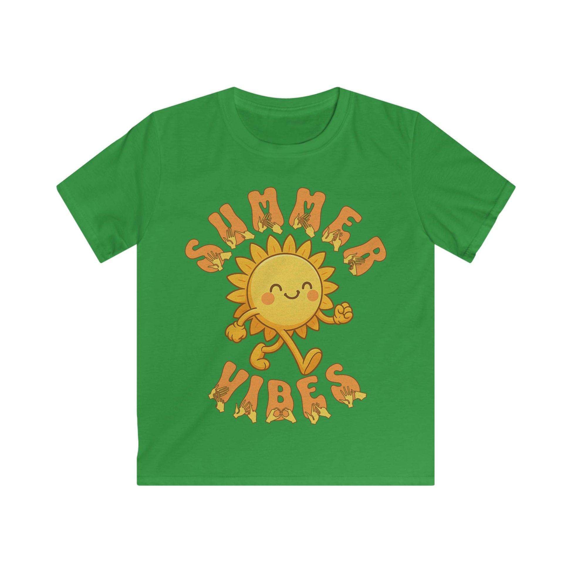 Irish green kids’ t-shirt with a smiling cartoon sunshine and the phrase “summer vibes” in bold textured font, each letter showing British Sign Language fingerspelling underneath.