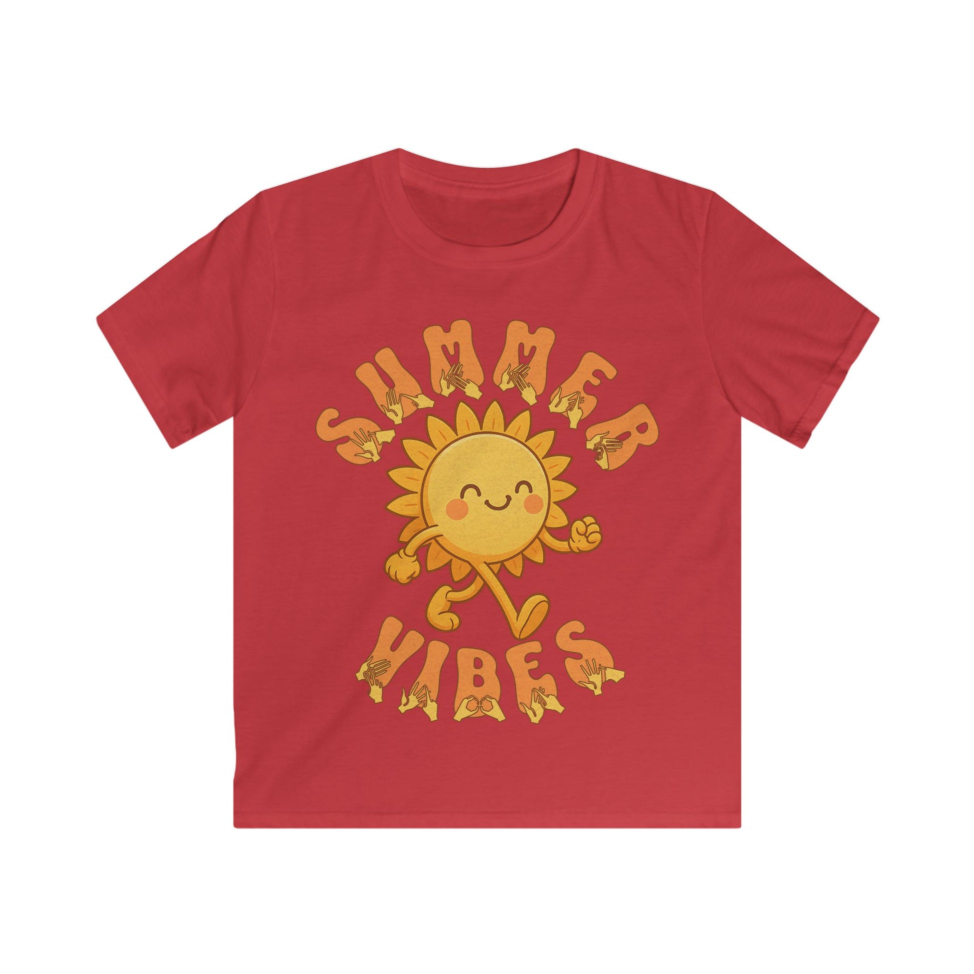 Red kids’ t-shirt with a smiling cartoon sunshine and the phrase “summer vibes” in bold textured font, each letter showing British Sign Language fingerspelling underneath.