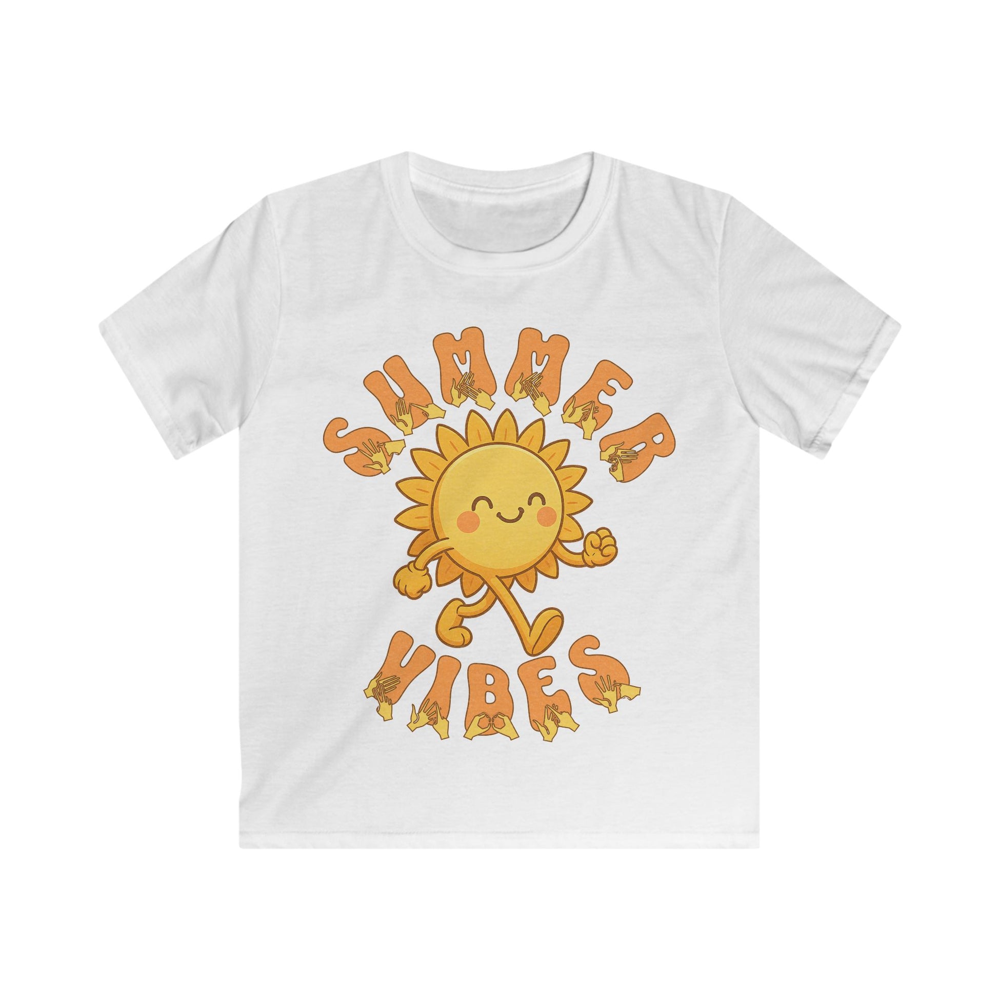 White kids’ t-shirt with a smiling cartoon sunshine and the phrase “summer vibes” in bold textured font, each letter showing British Sign Language fingerspelling underneath.