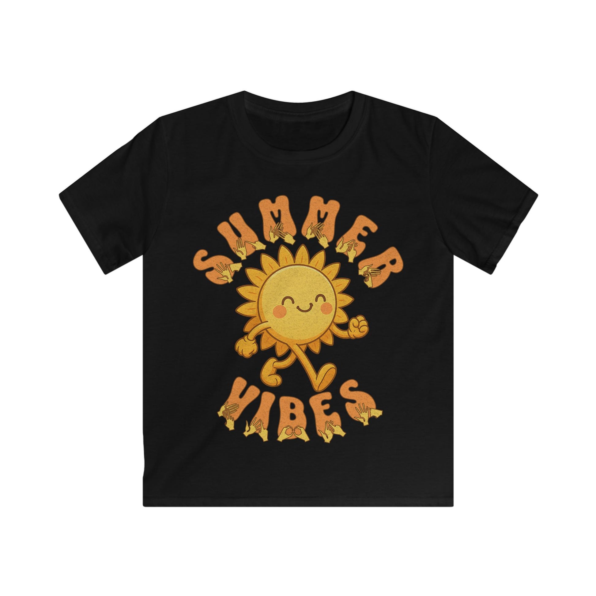 Black kids’ t-shirt with a smiling cartoon sunshine and the phrase “summer vibes” in bold textured font, each letter showing British Sign Language fingerspelling underneath.