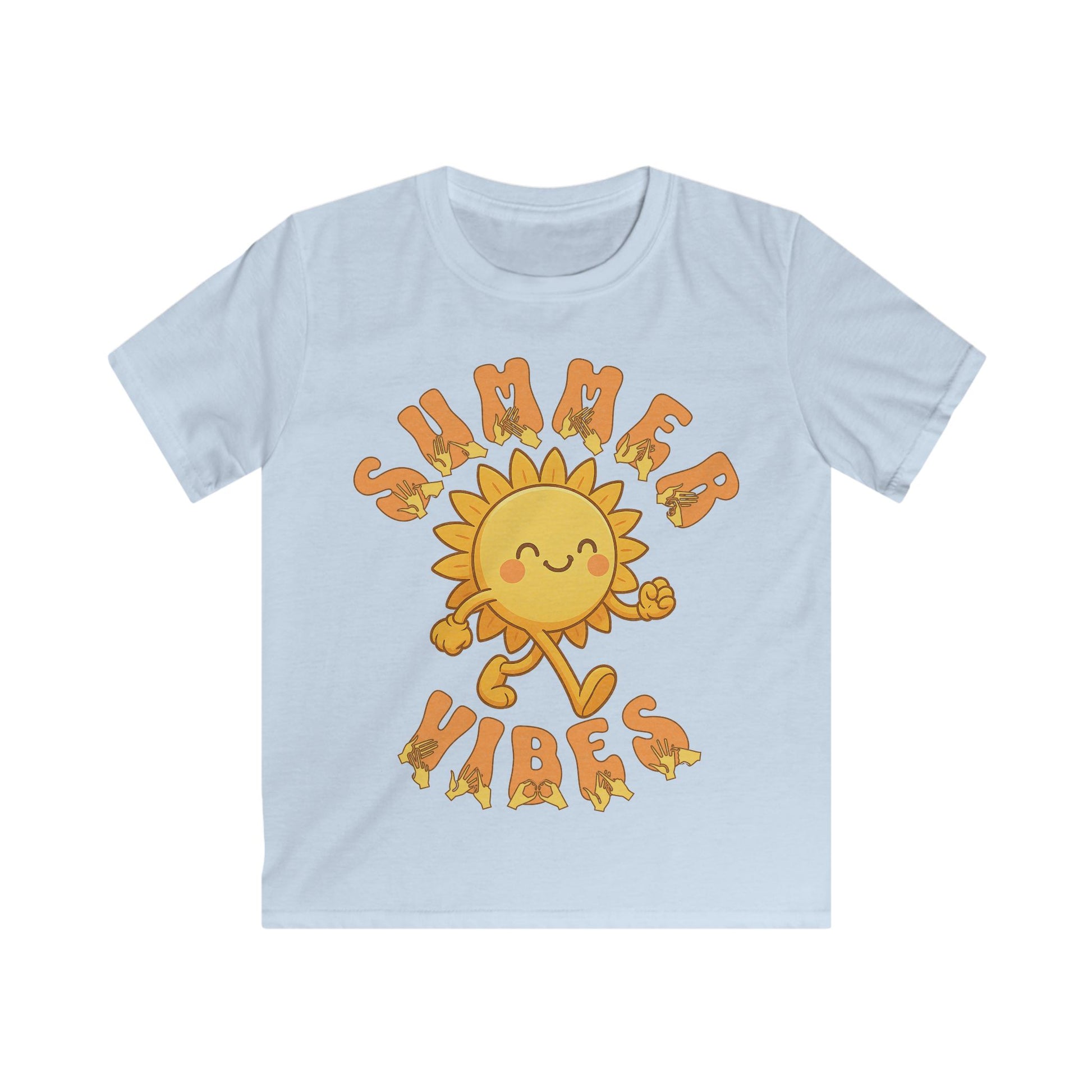 Light blue kids’ t-shirt with a smiling cartoon sunshine and the phrase “summer vibes” in bold textured font, each letter showing British Sign Language fingerspelling underneath.