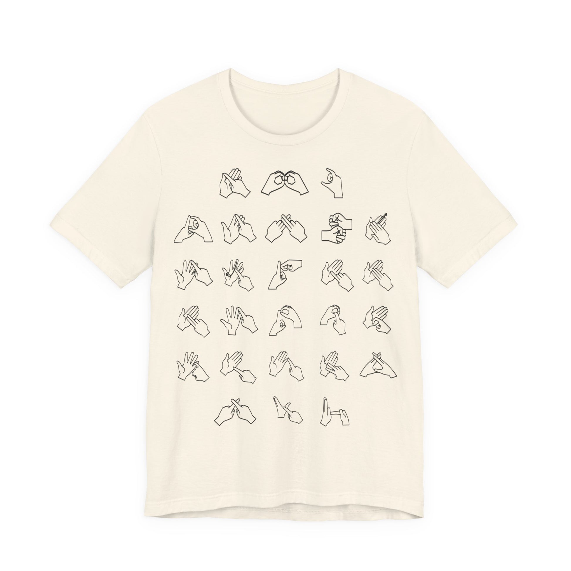 Front view of a natural t-shirt with BSL Alphabet - Black Fingerspelling