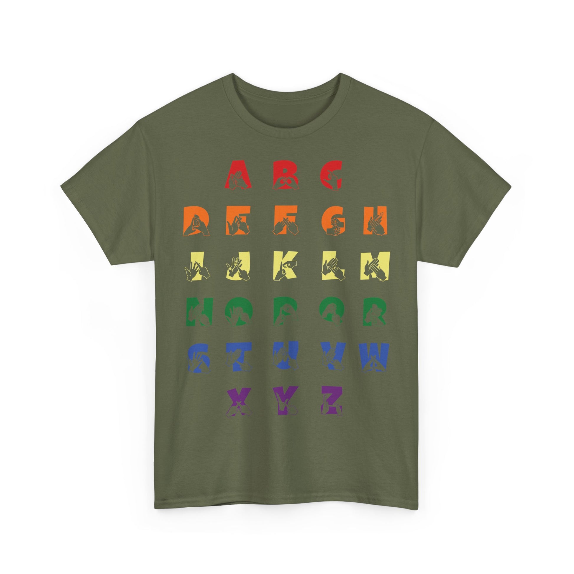 Front view of a Military Green t-shirt with BSL Alphabet - Pride Fingerspelling & Text