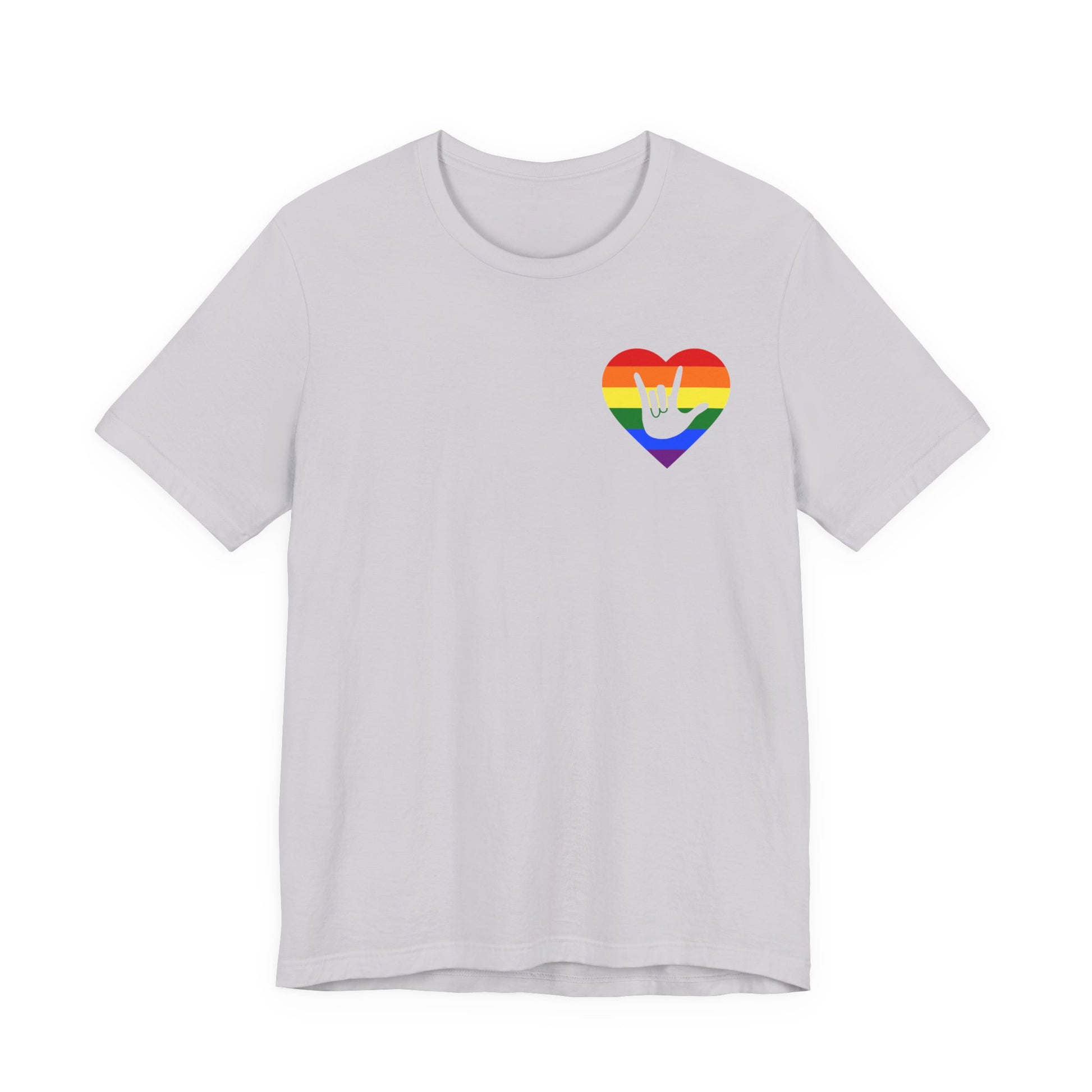 Front view of a lavender dust T-Shirt showing a pride coloured heart and the iconic ASL I Love You sign embedded in it on the left side of the chest