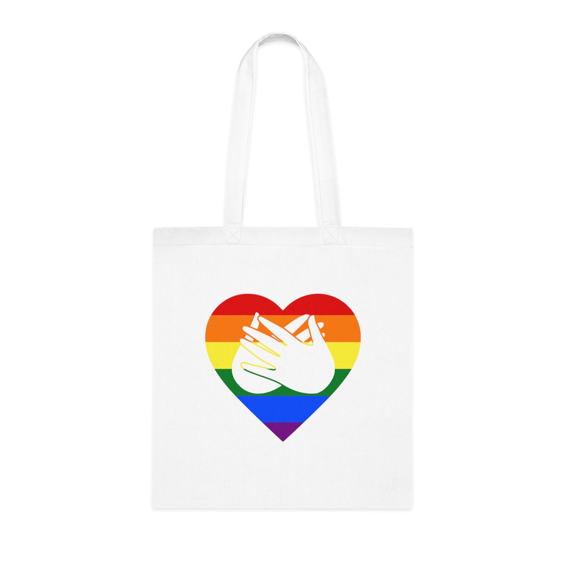 White Tote Bag showing a Pride coloured heart and the iconic BSL Love sign embedded in it