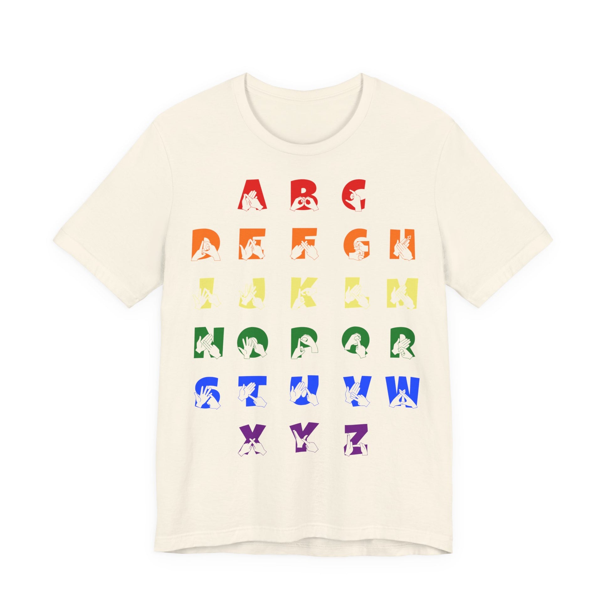 Front view of a natural t-shirt with BSL Alphabet - Pride Fingerspelling & Text