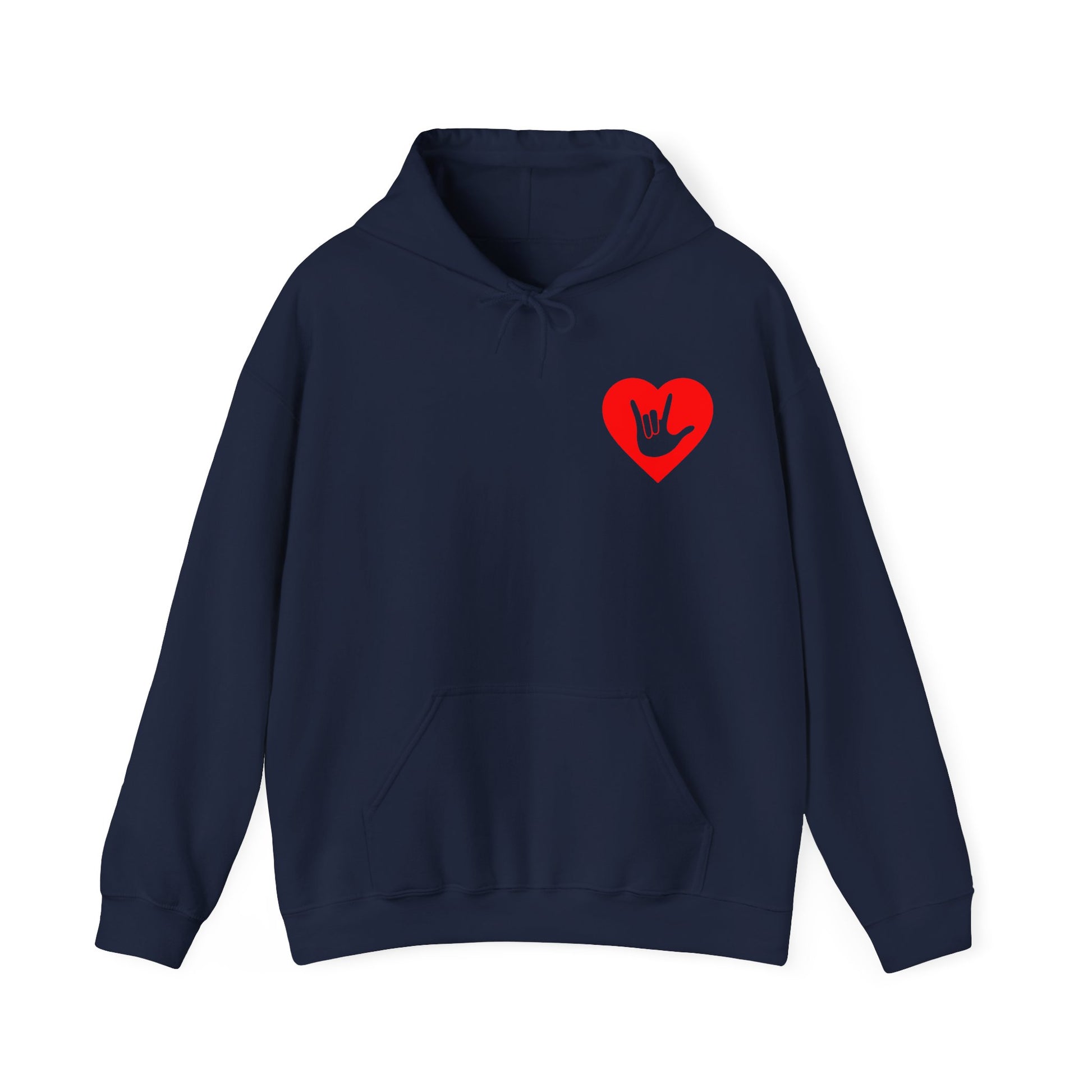 Front view of a navy hoodie showing a red coloured heart and the iconic ASL I Love You sign embedded in it on the left side of the chest