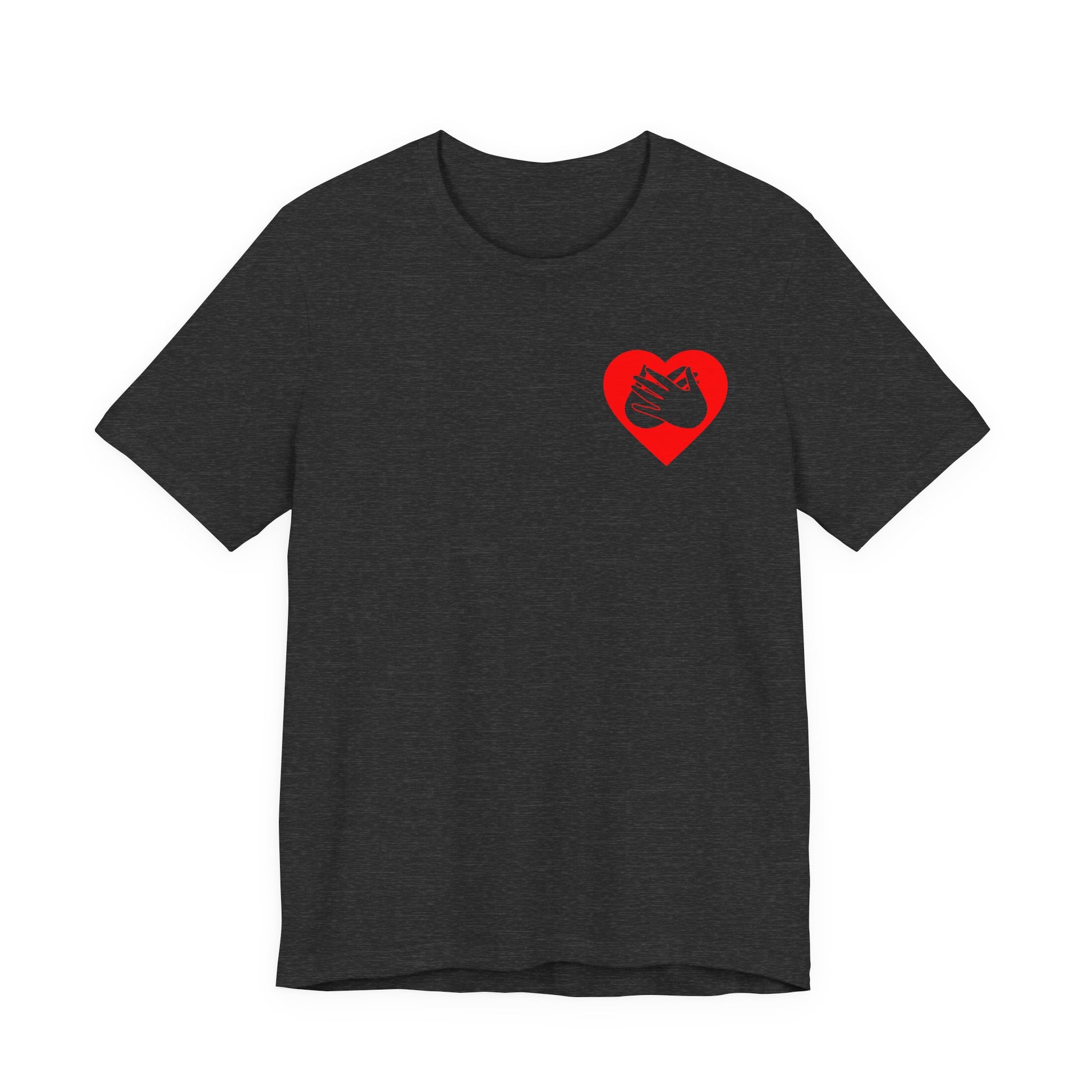 Front view of a dark grey heather T-Shirt showing a red coloured heart and the iconic BSL Love sign embedded in it on the left side of the chest