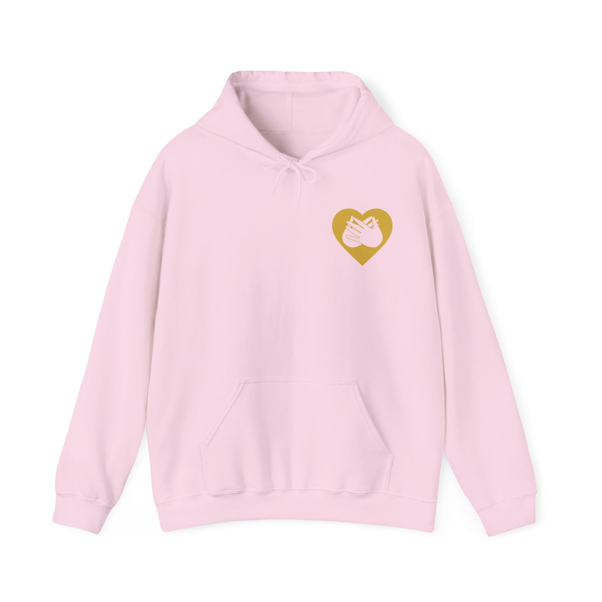Front view of a light pink hoodie showing a gold coloured heart and the iconic BSL Love sign embedded in it on the left side of the chest