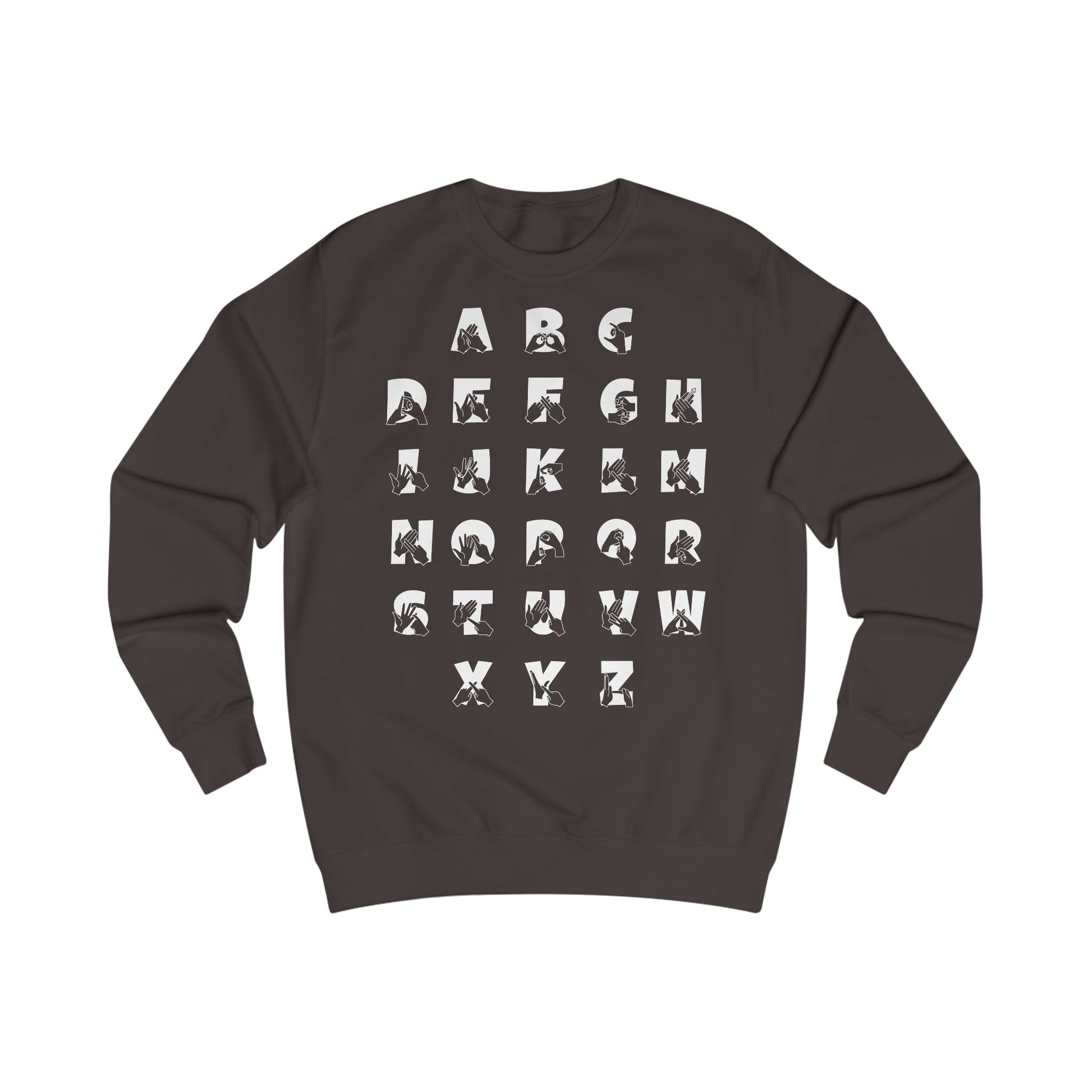 Front view of a hot chocolate sweatshirt with BSL Alphabet - White Fingerspelling & Text