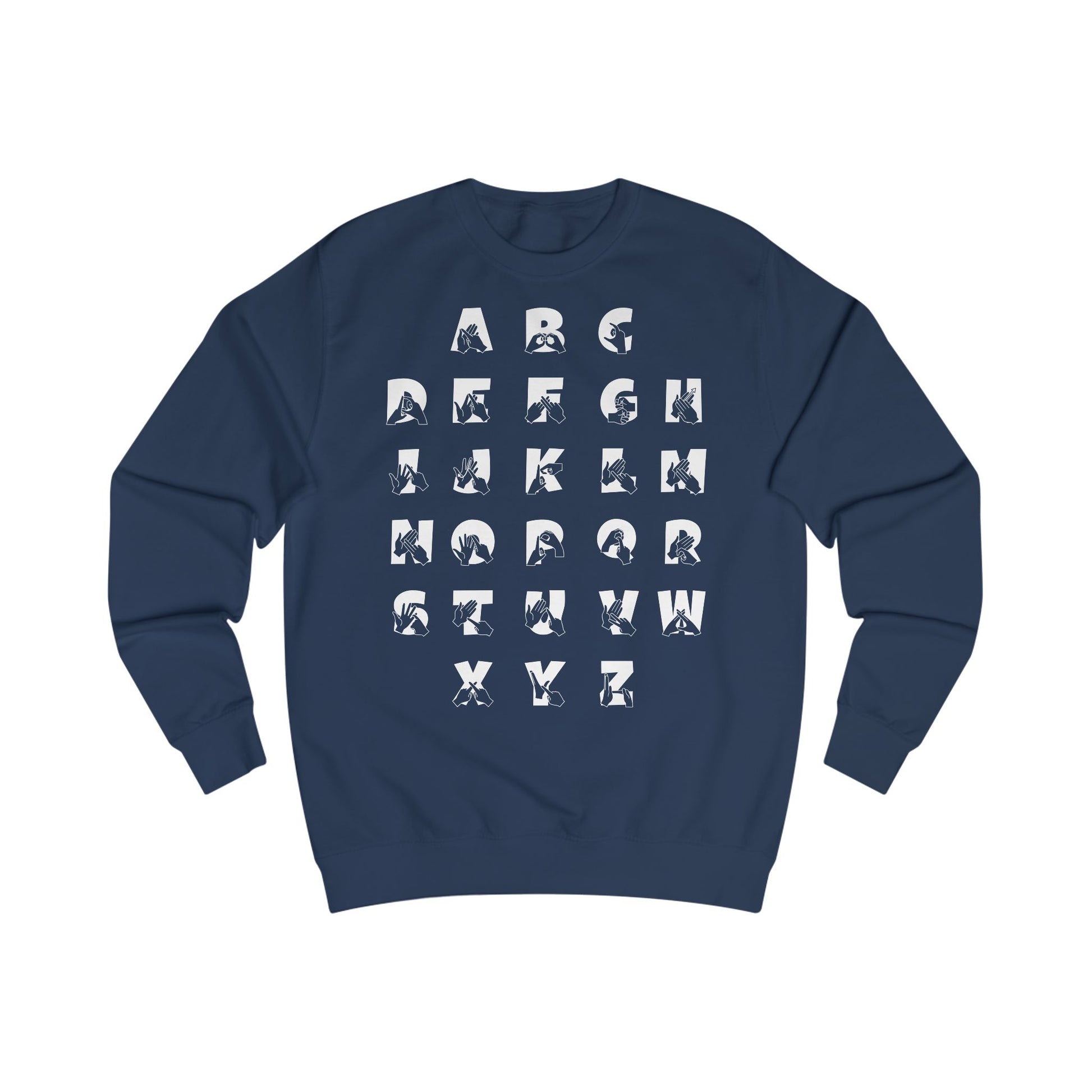 Front view of a oxford navy sweatshirt with BSL Alphabet - White Fingerspelling & Text