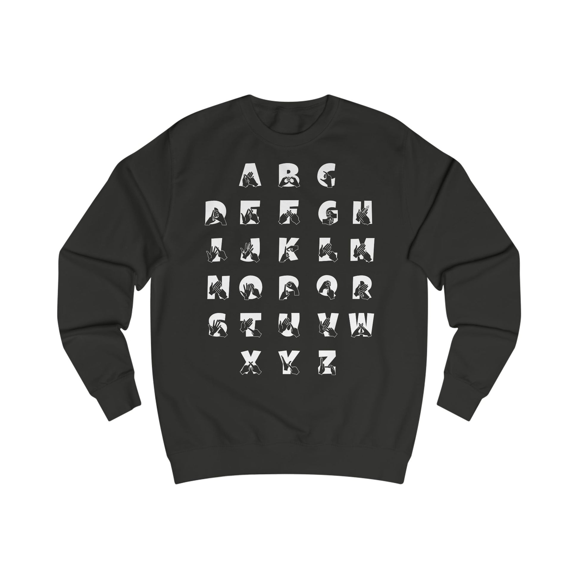 Front view of a jet black sweatshirt with BSL Alphabet - White Fingerspelling & Text