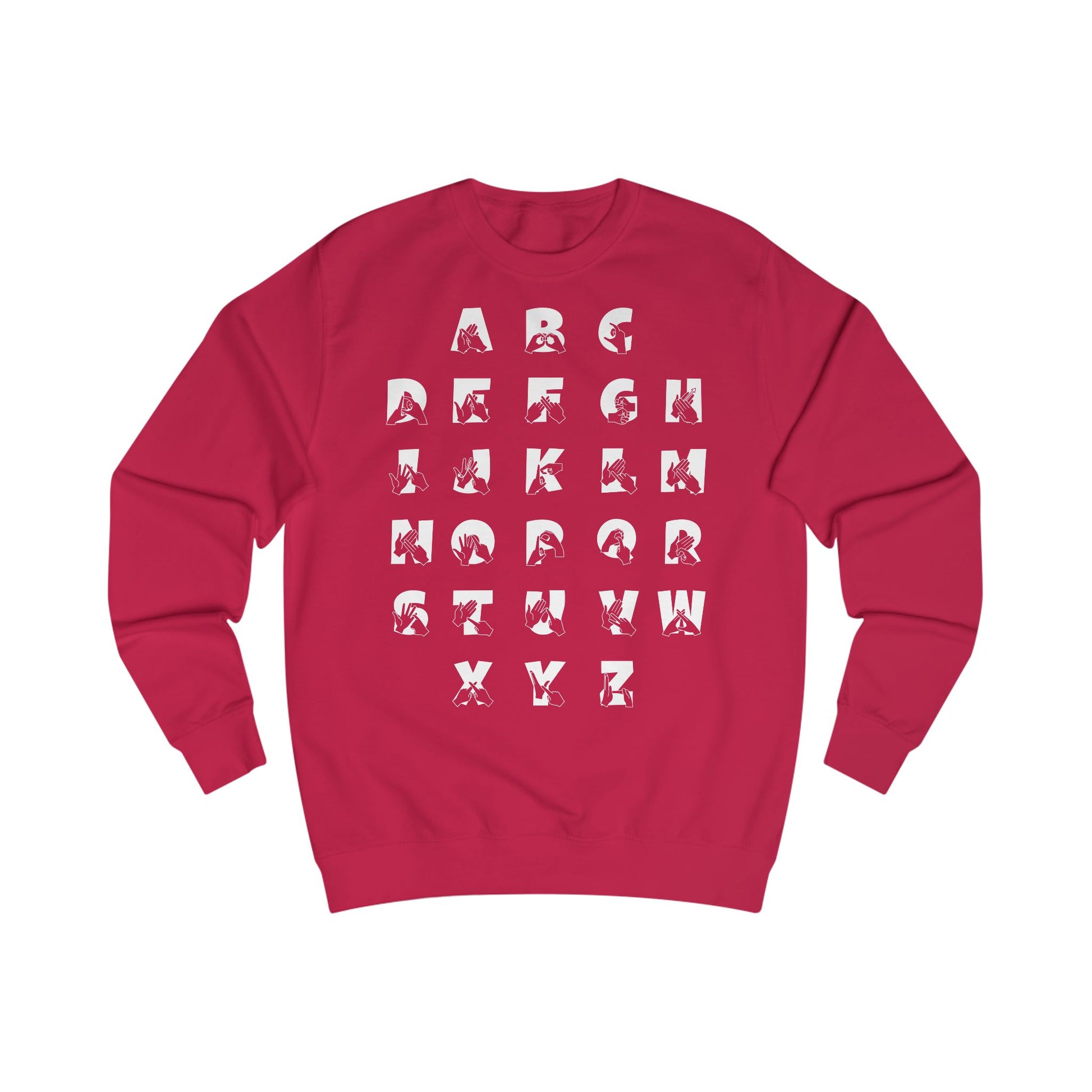 Front view of a fire red sweatshirt with BSL Alphabet - White Fingerspelling & Text