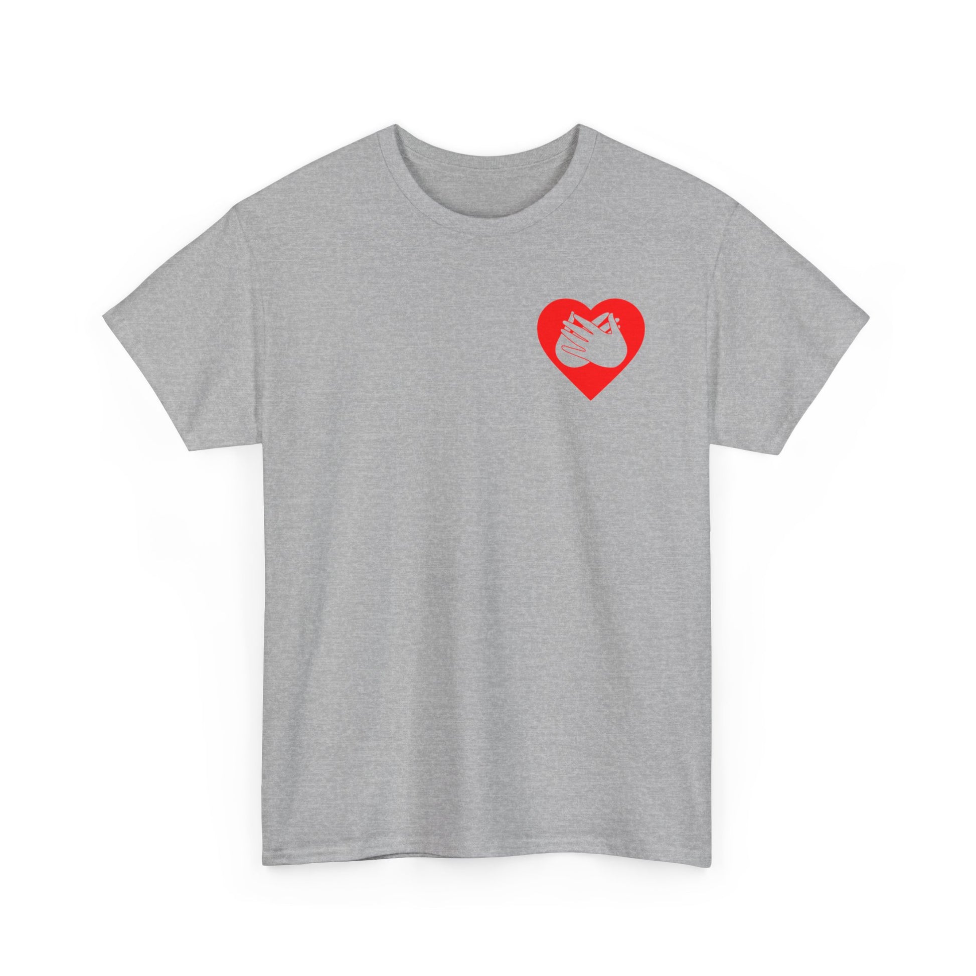 Front view of a sport grey T-Shirt showing a red coloured heart and the iconic BSL Love sign embedded in it on the left side of the chest