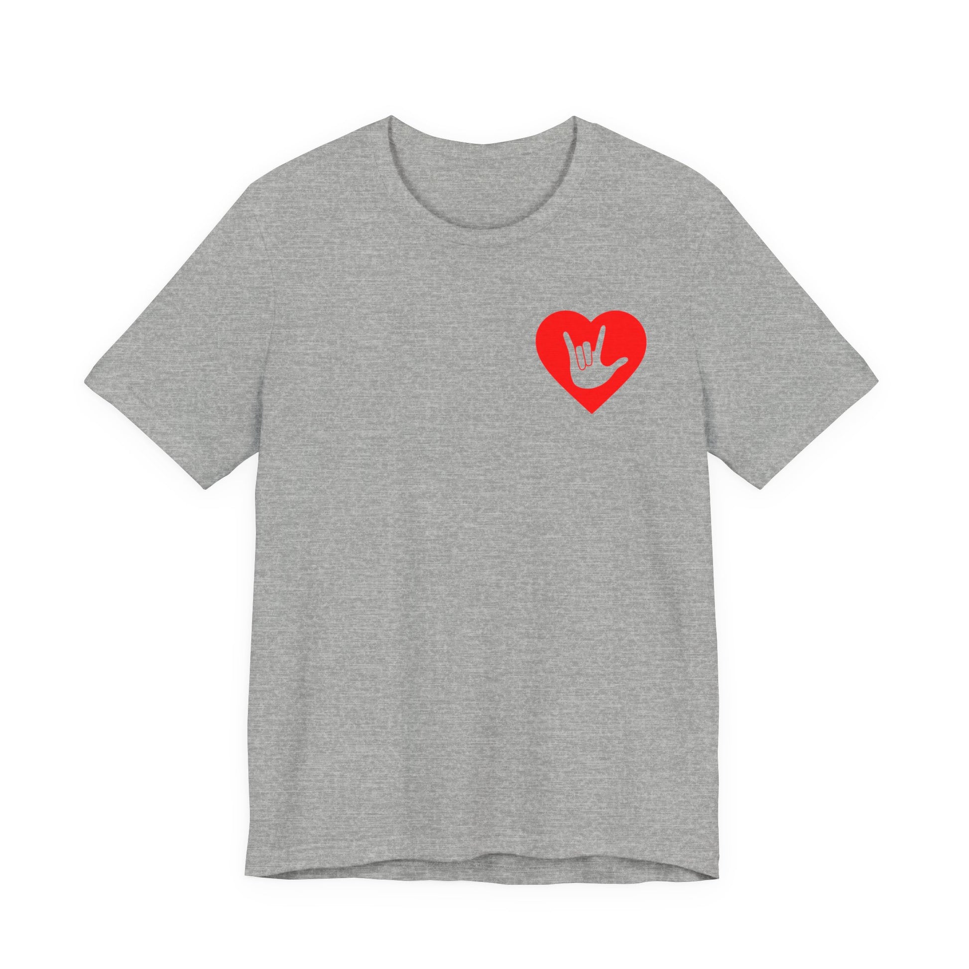 Front view of a athletic heather T-Shirt showing a red coloured heart and the iconic ASL I Love You sign embedded in it on the left side of the chest