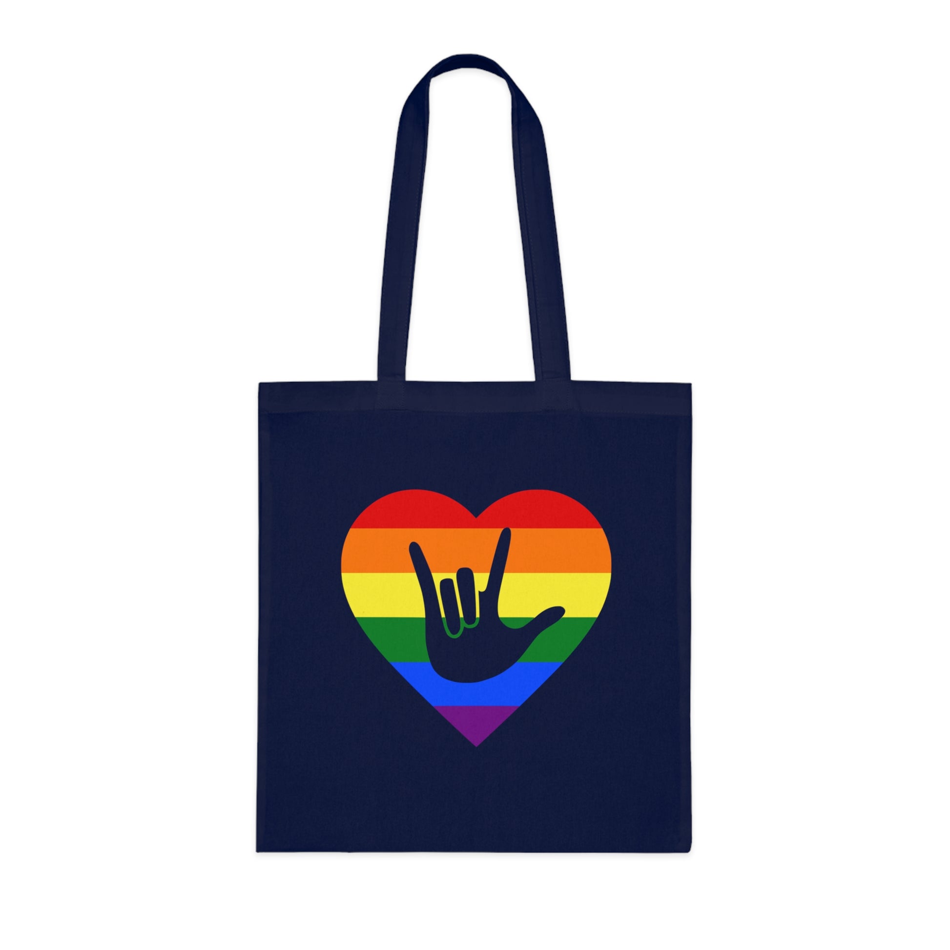 Navy blue Tote Bag showing a Pride coloured heart and the iconic ASL I Love You sign embedded in it