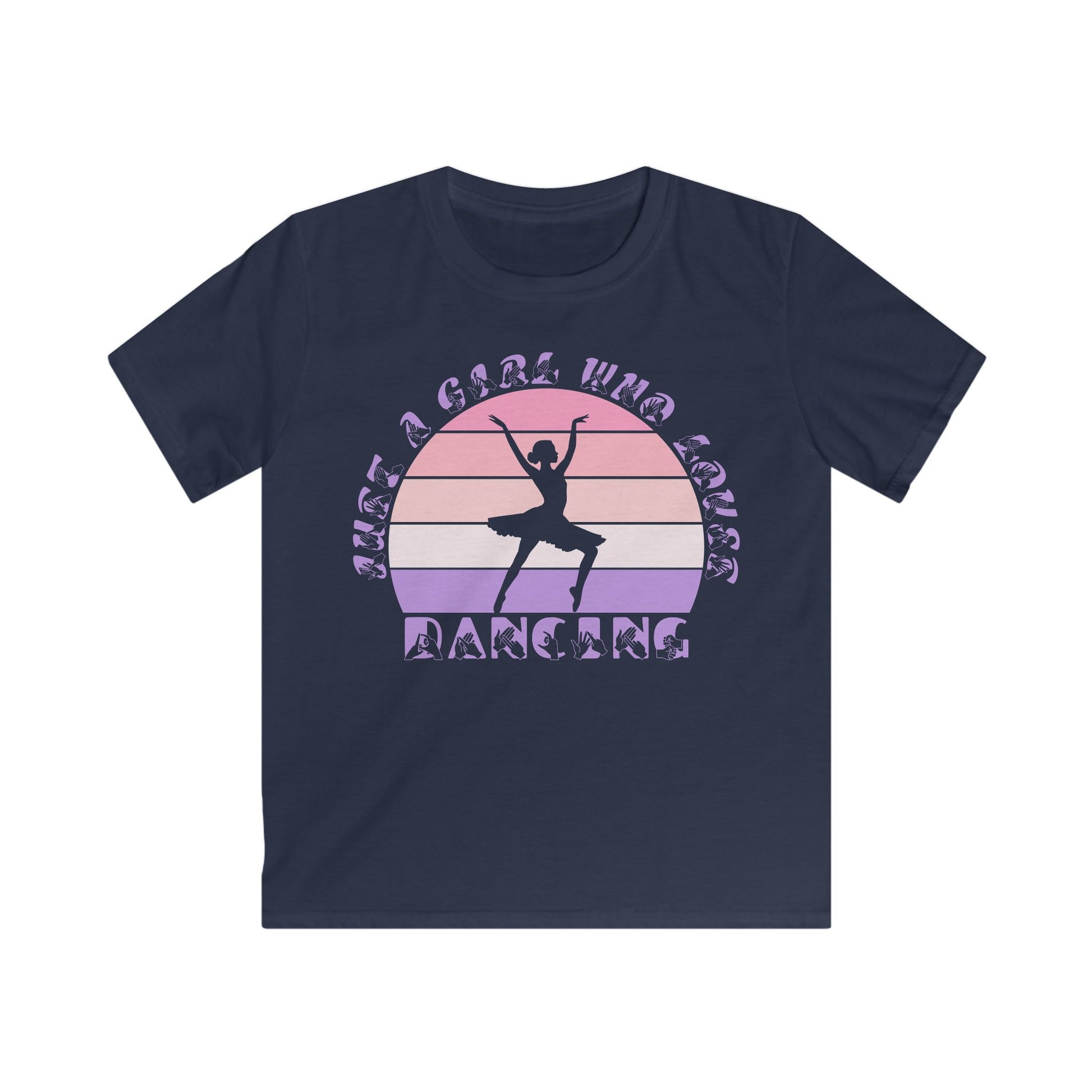 Navy t-shirt with the phrase "Just a Girl Who Loves Dancing" above a colourful retro sunset and a silhouette of a girl dancing in the centre