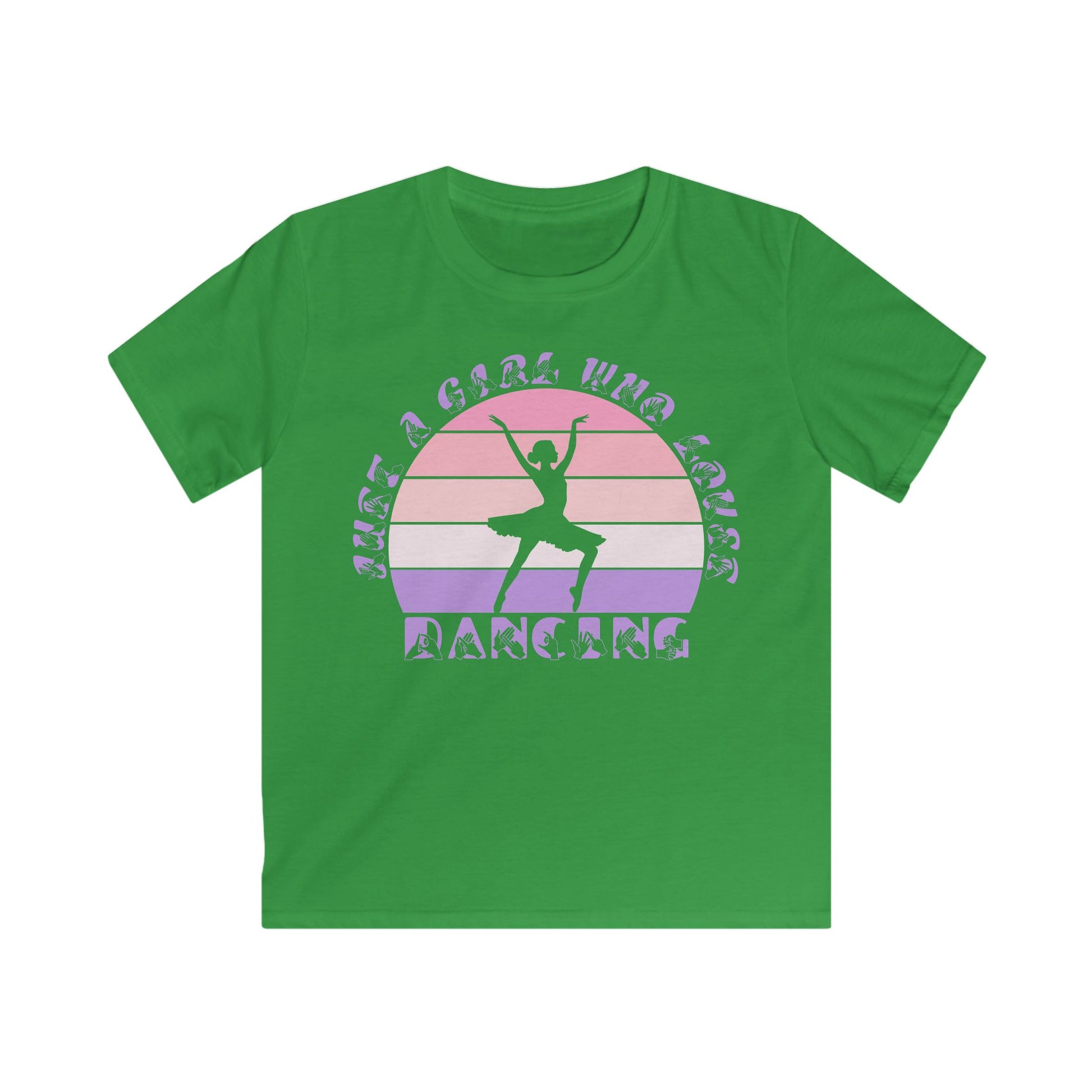 Irish green t-shirt with the phrase "Just a Girl Who Loves Dancing" above a colourful retro sunset and a silhouette of a girl dancing in the centre