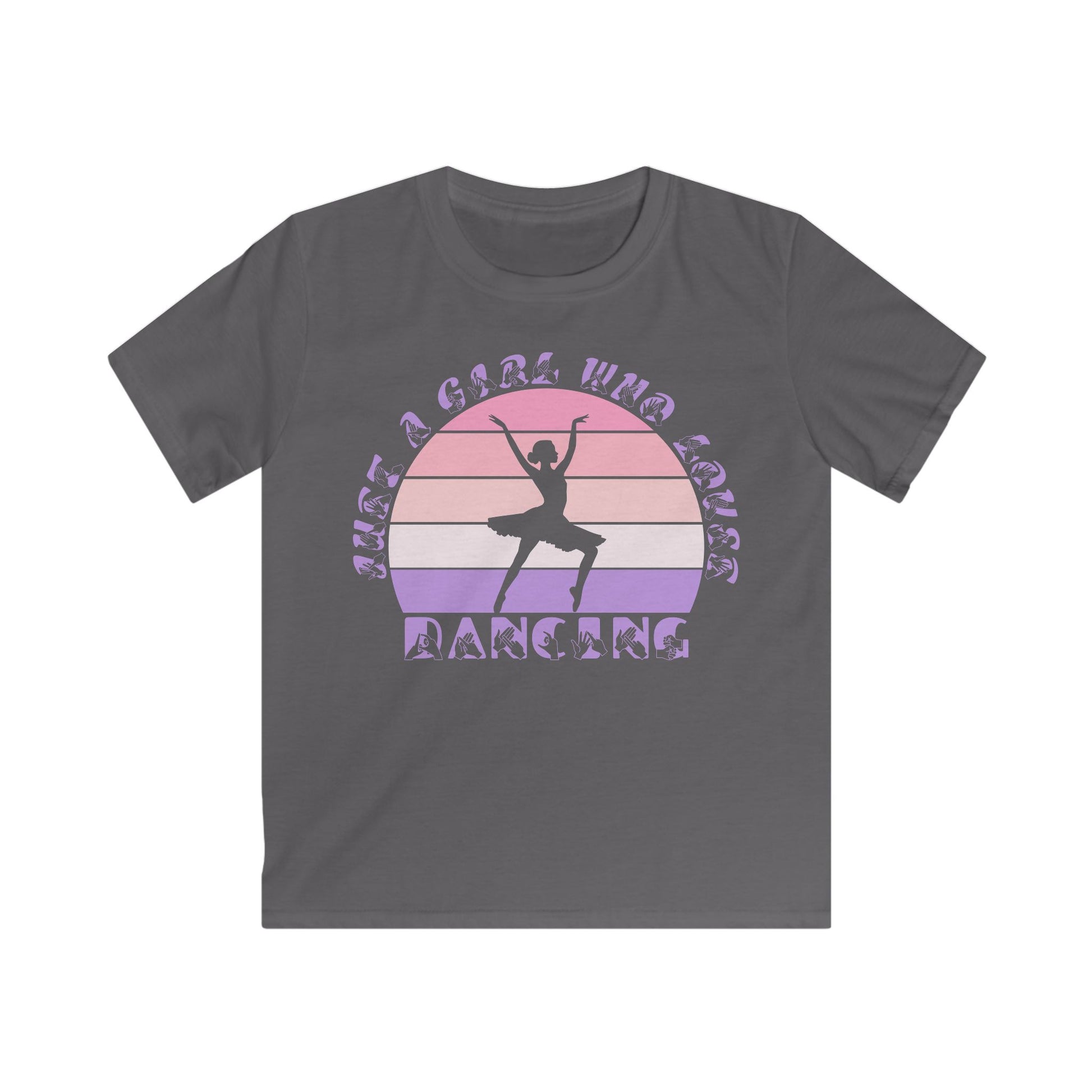 Charcoal t-shirt with the phrase "Just a Girl Who Loves Dancing" above a colourful retro sunset and a silhouette of a girl dancing in the centre