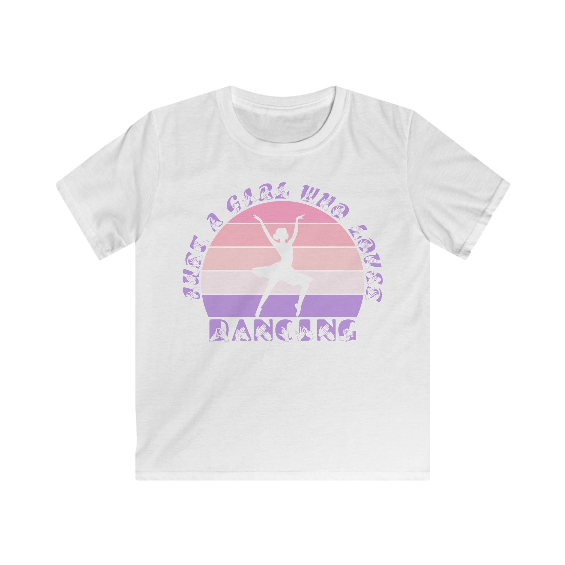 White t-shirt with the phrase "Just a Girl Who Loves Dancing" above a colourful retro sunset and a silhouette of a girl dancing in the centre
