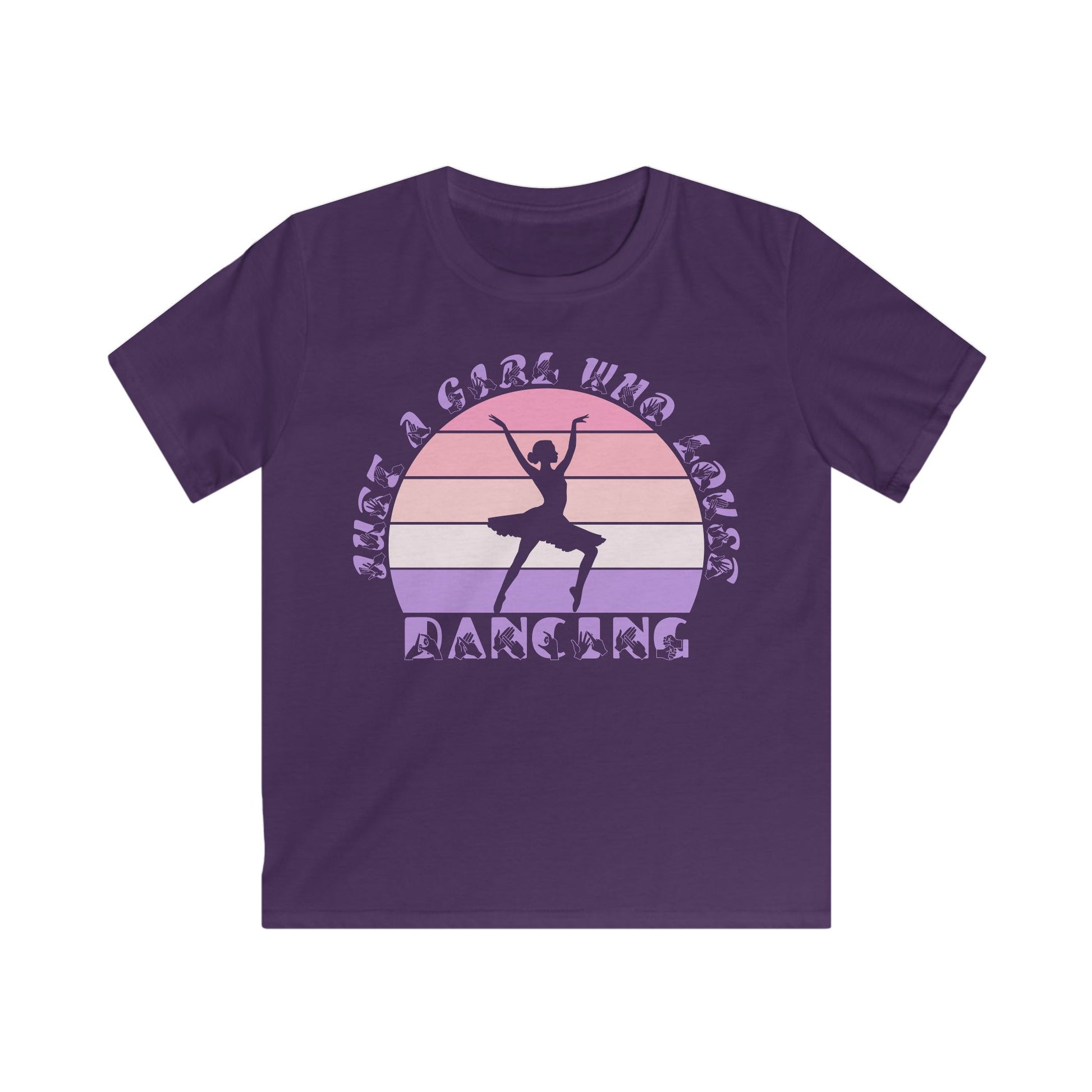 Purple t-shirt with the phrase "Just a Girl Who Loves Dancing" above a colourful retro sunset and a silhouette of a girl dancing in the centre
