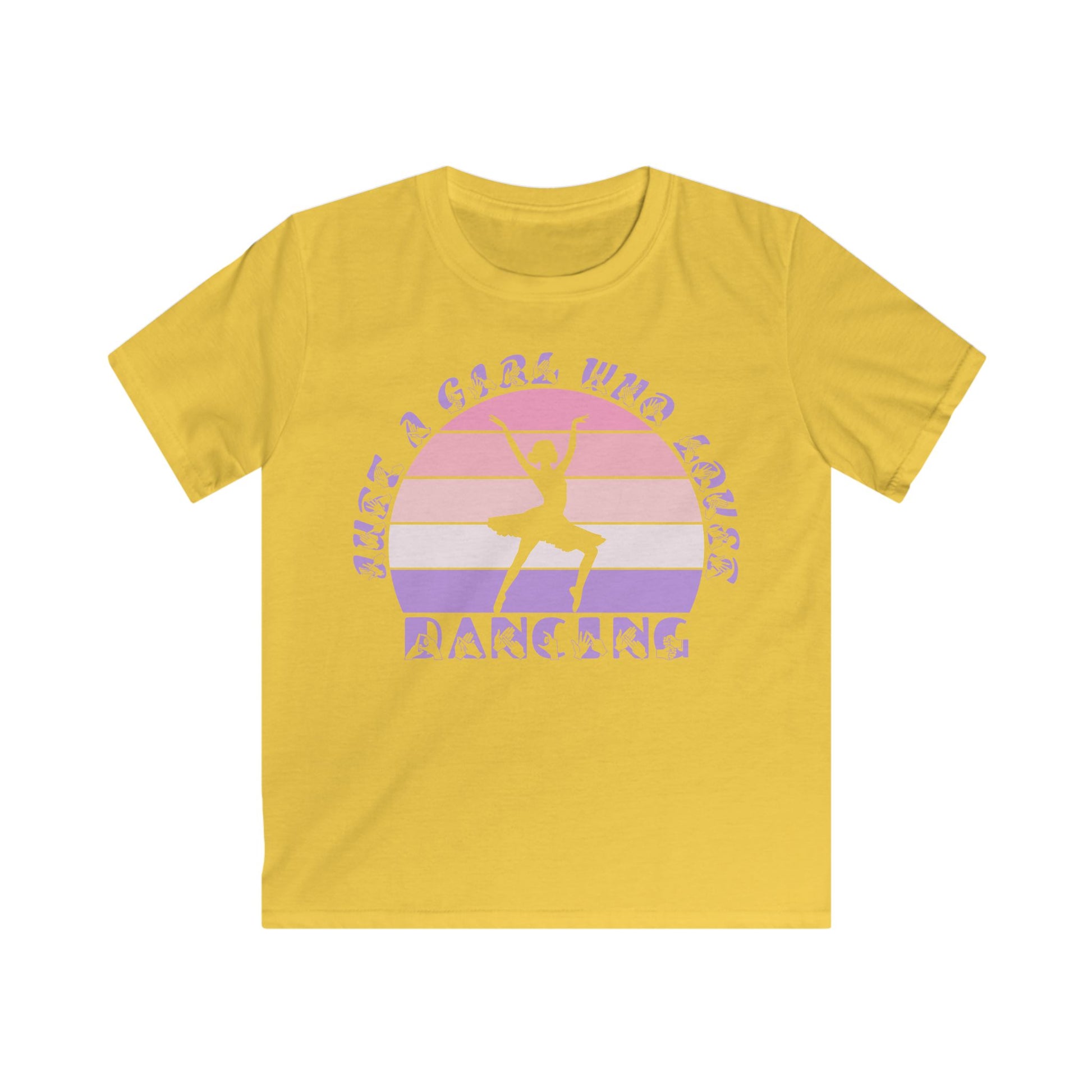 Daisy t-shirt with the phrase "Just a Girl Who Loves Dancing" above a colourful retro sunset and a silhouette of a girl dancing in the centre