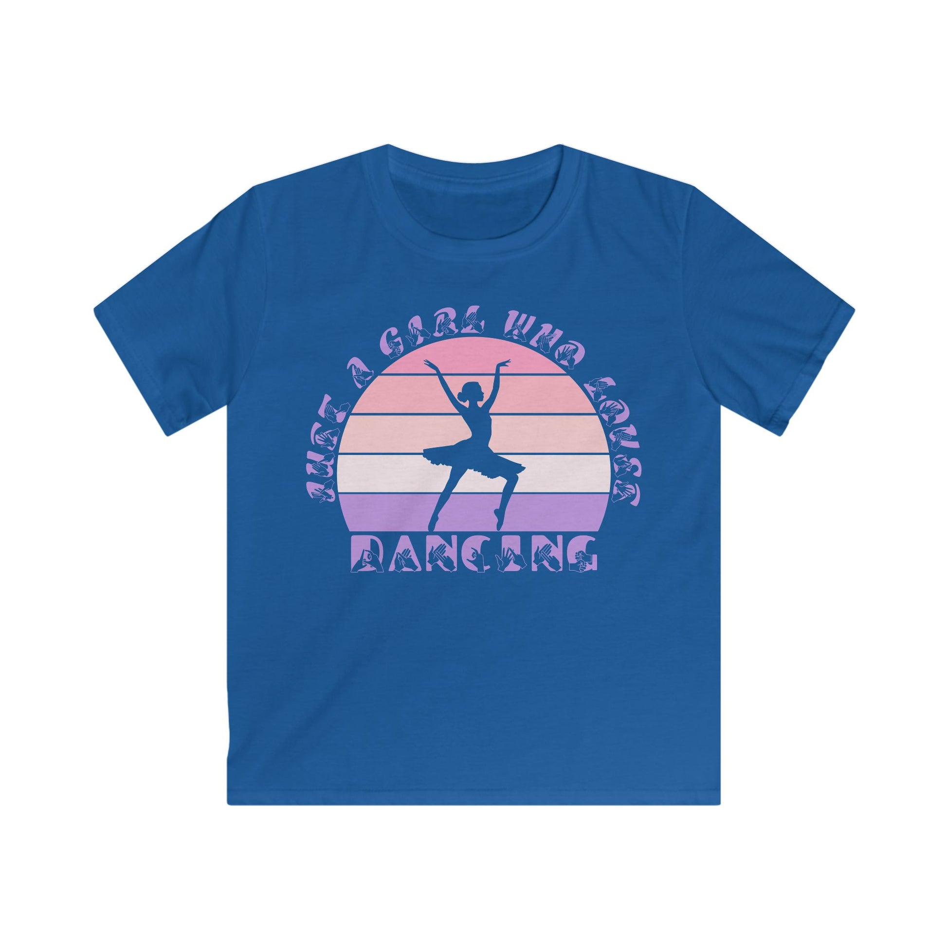 Royal t-shirt with the phrase "Just a Girl Who Loves Dancing" above a colourful retro sunset and a silhouette of a girl dancing in the centre
