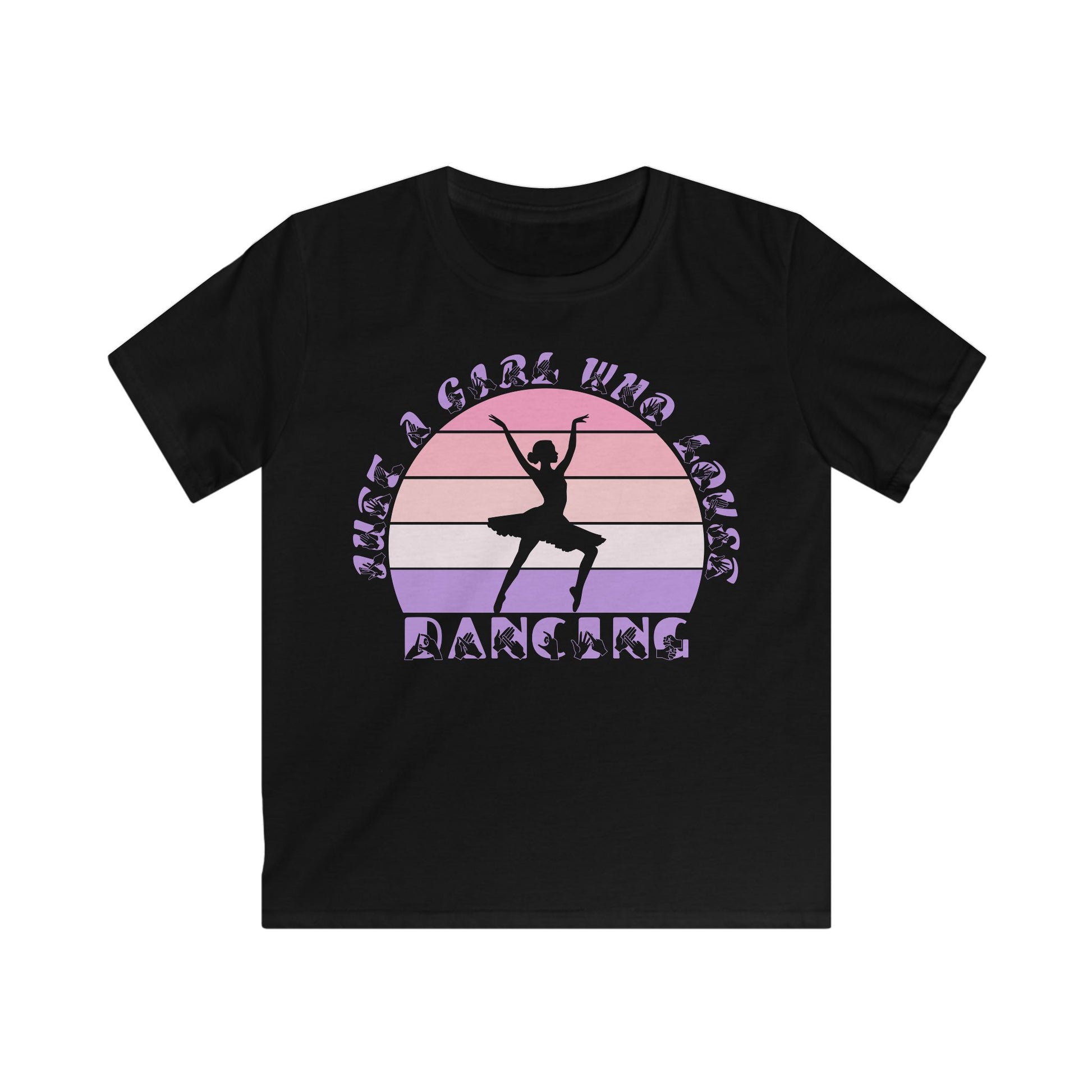 Black t-shirt with the phrase "Just a Girl Who Loves Dancing" above a colourful retro sunset and a silhouette of a girl dancing in the centre