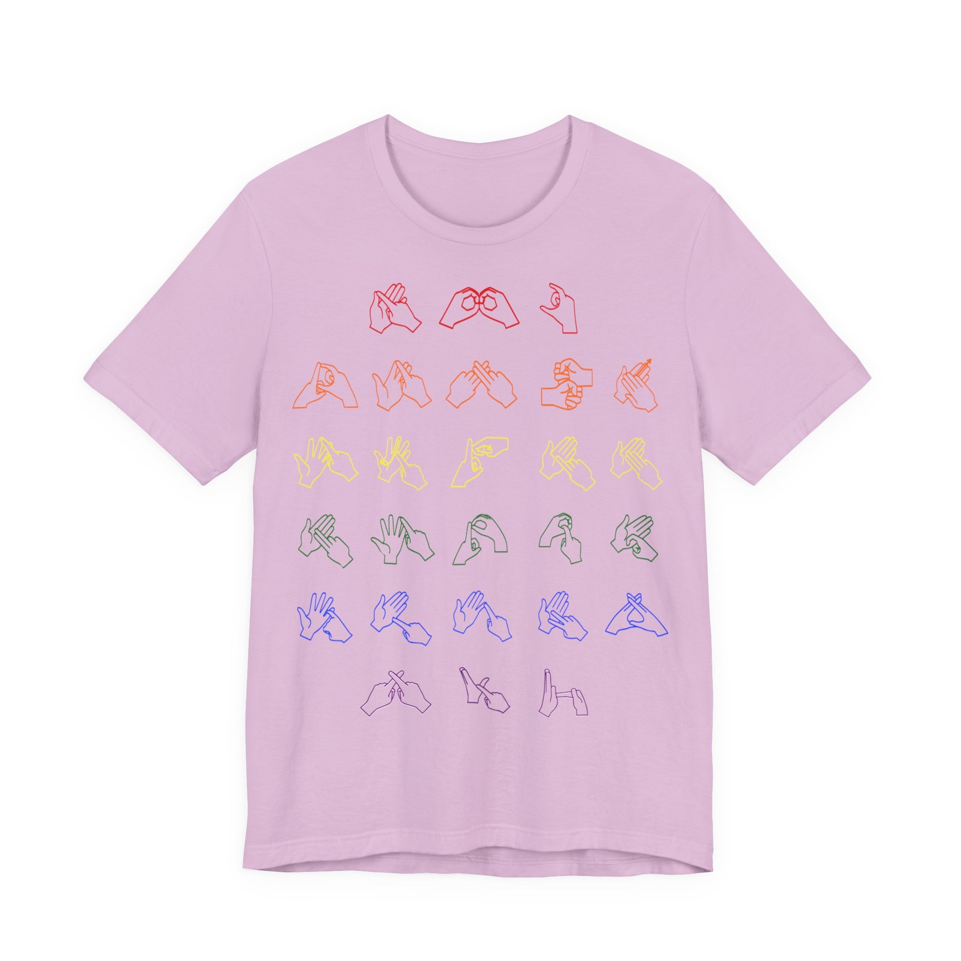 Front view of a lilac t-shirt with BSL Alphabet - Pride Fingerspelling