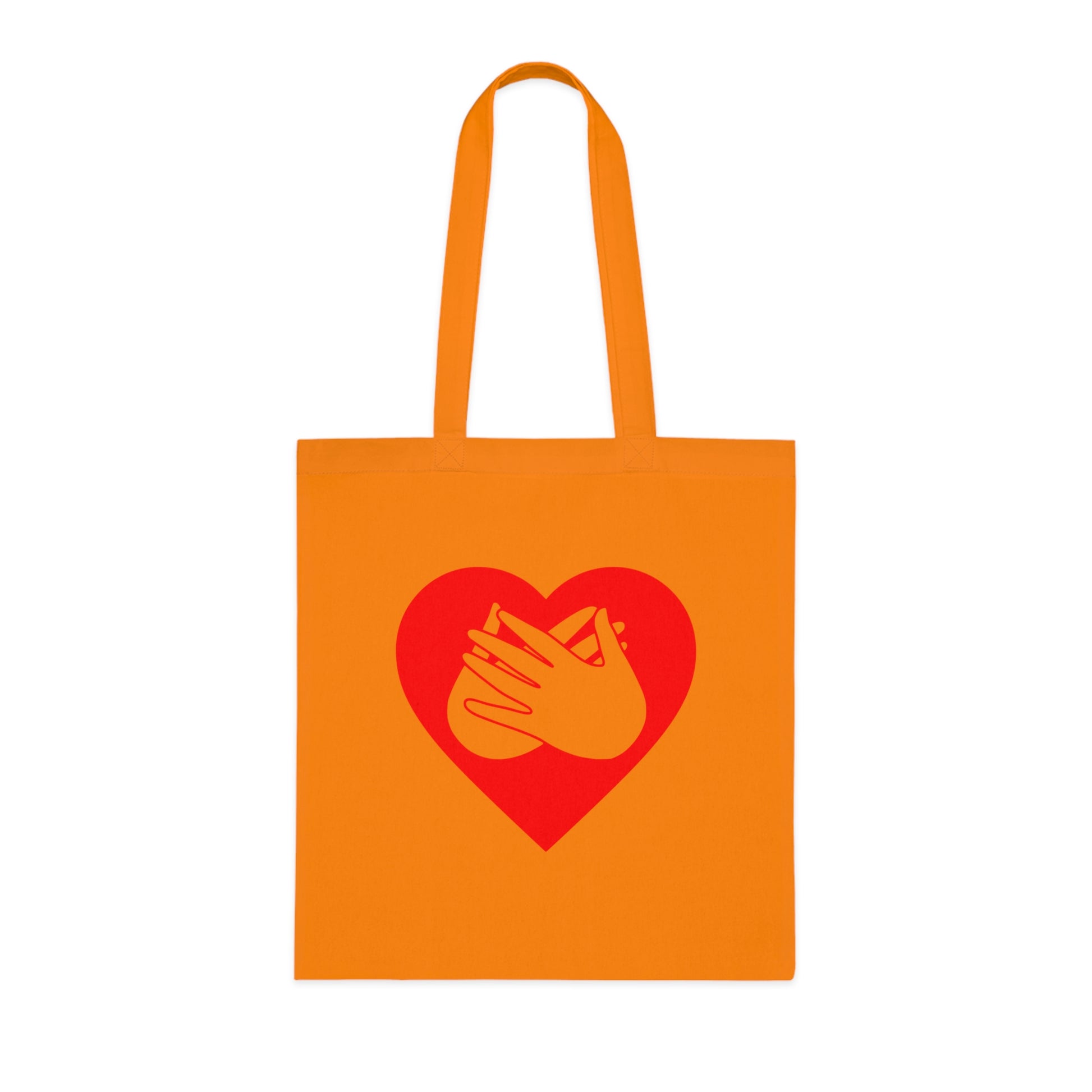 Orange Tote Bag showing a red coloured heart and the iconic BSL Love sign embedded in it