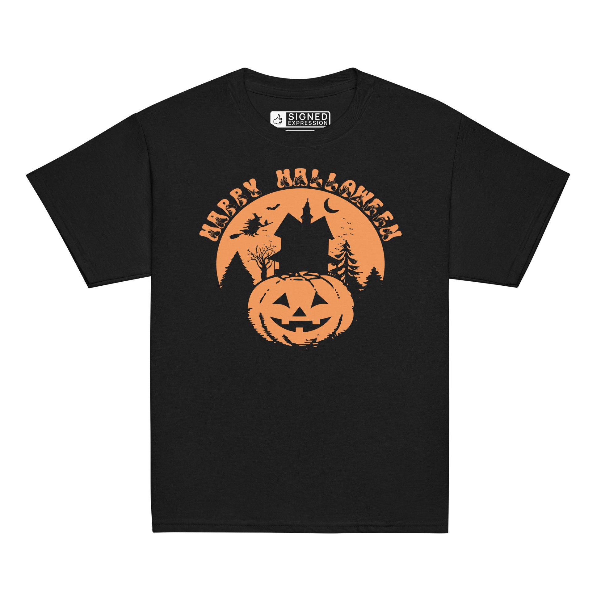 Black coloured kids Happy Halloween pumpkin haunted house t-shirt with BSL design.