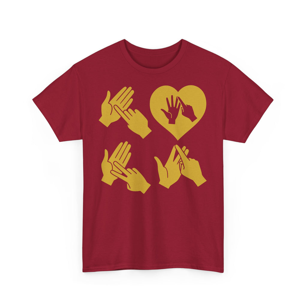 Front view of a cardinal red T-Shirt with the word Love in gold BSL Fingerspelling with the 'O' embedded in a heart shape
