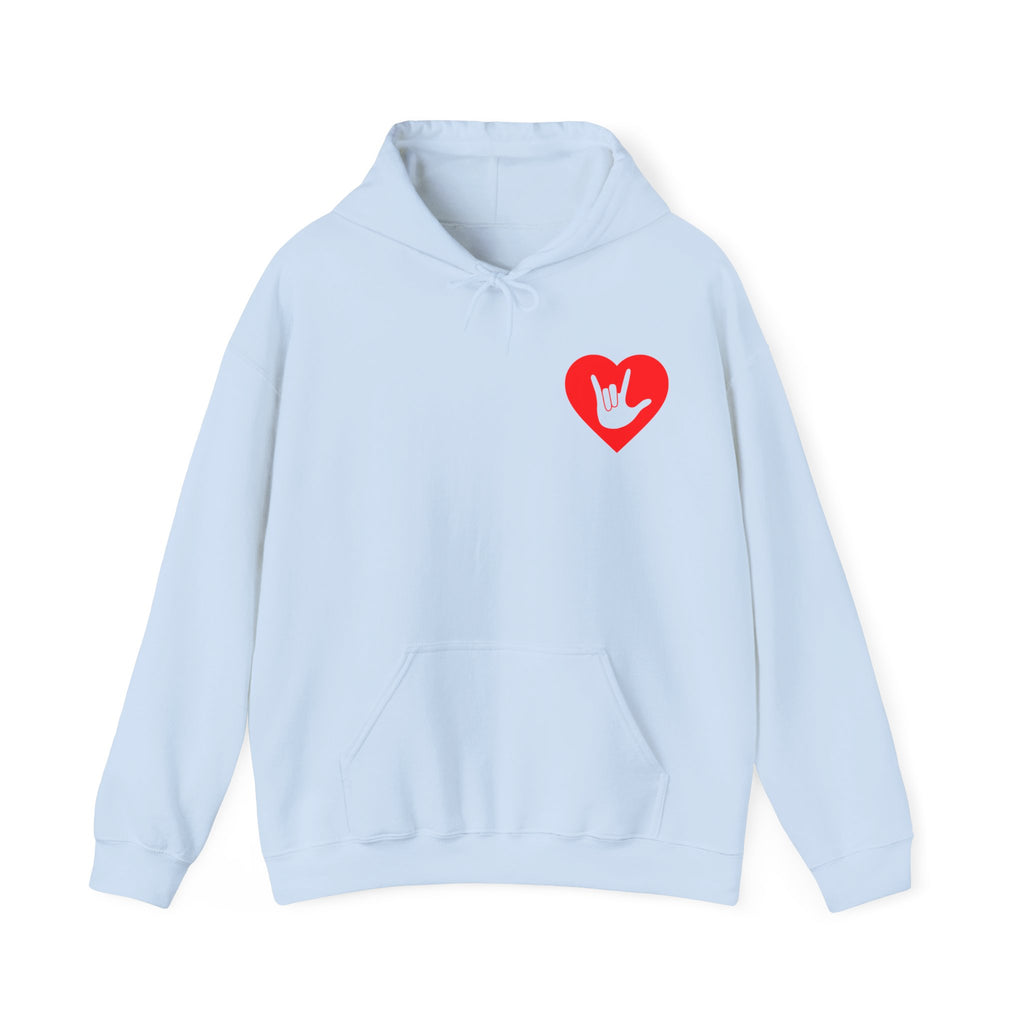 Front view of a light blue hoodie showing a red coloured heart and the iconic ASL I Love You sign embedded in it on the left side of the chest