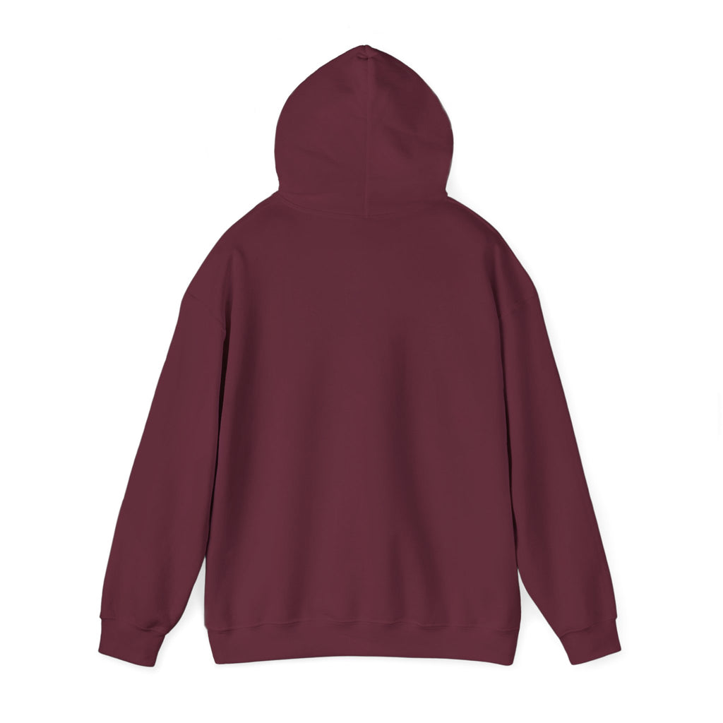 Back view of a maroon hoodie on a white background