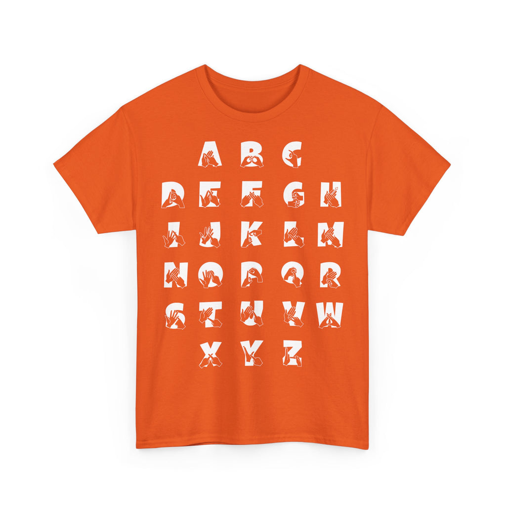 Front view of a Orange t-shirt with BSL Alphabet - White Fingerspelling & Text