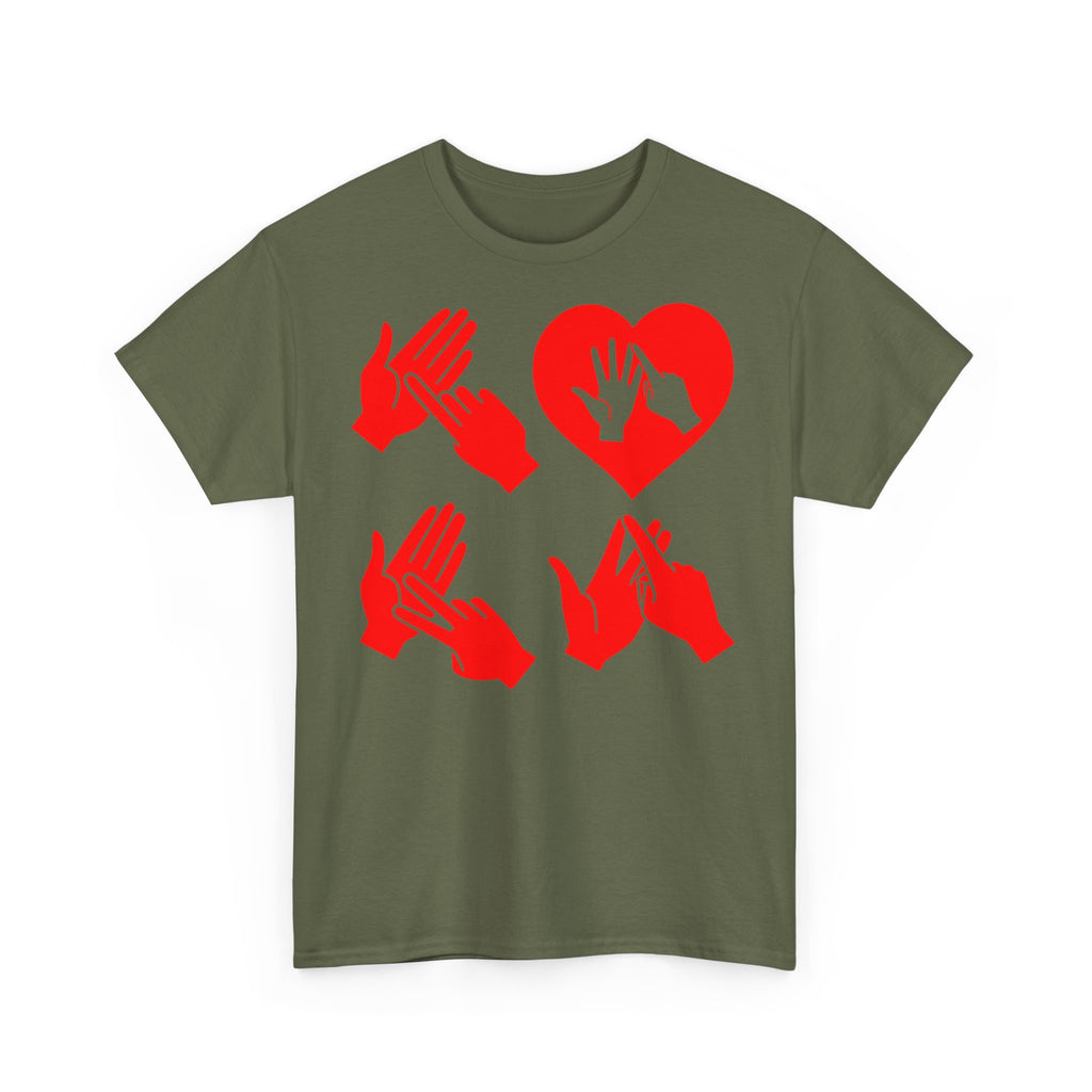 Front view of a military green T-Shirt with the word Love in red BSL Fingerspelling with the 'O' embedded in a heart shape 
