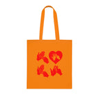 Orange Tote Bag with the word Love in red BSL Fingerspelling with the 'O' embedded in a heart shape